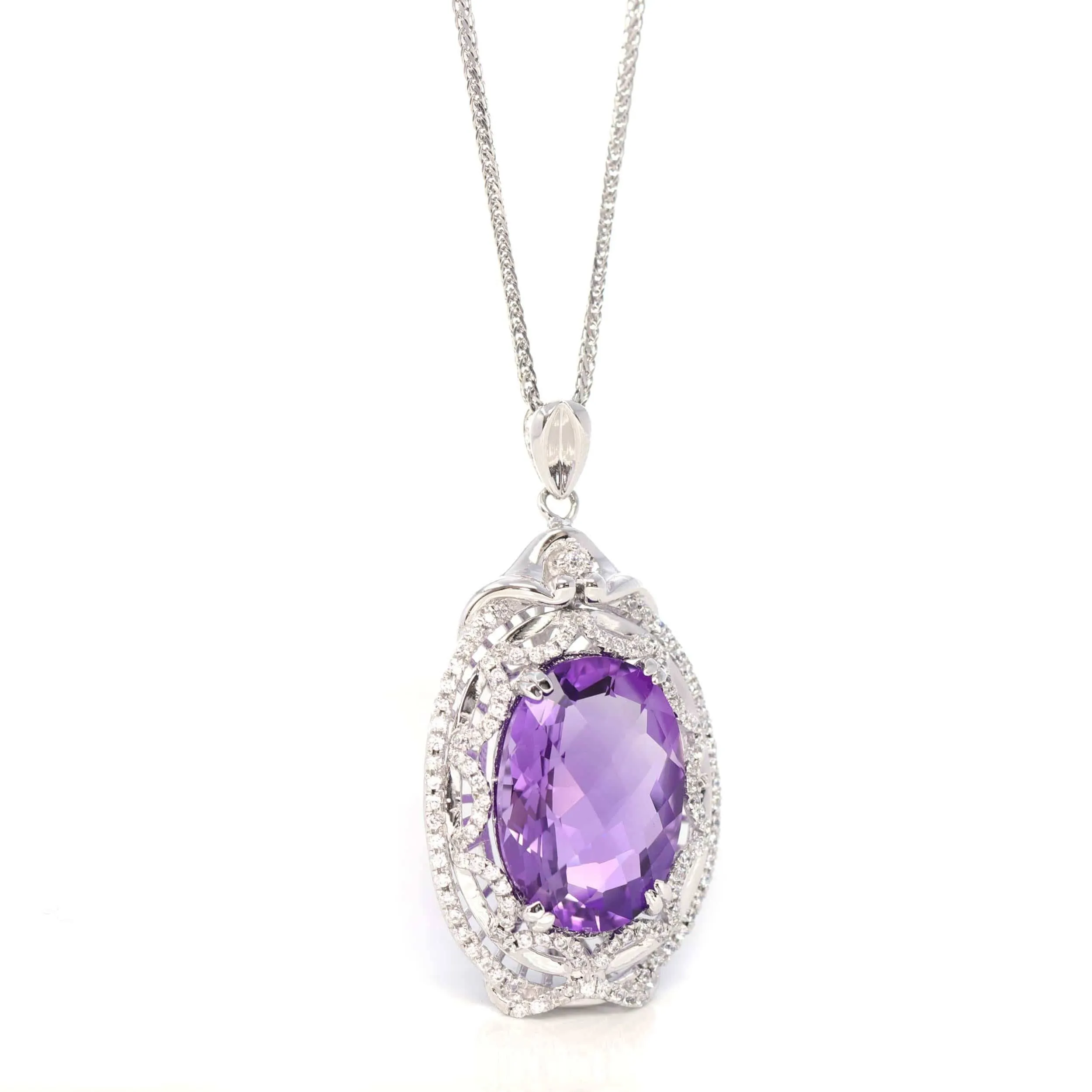 Sterling Silver Natural A Amethyst Luxury Pendant Necklace With CZ
