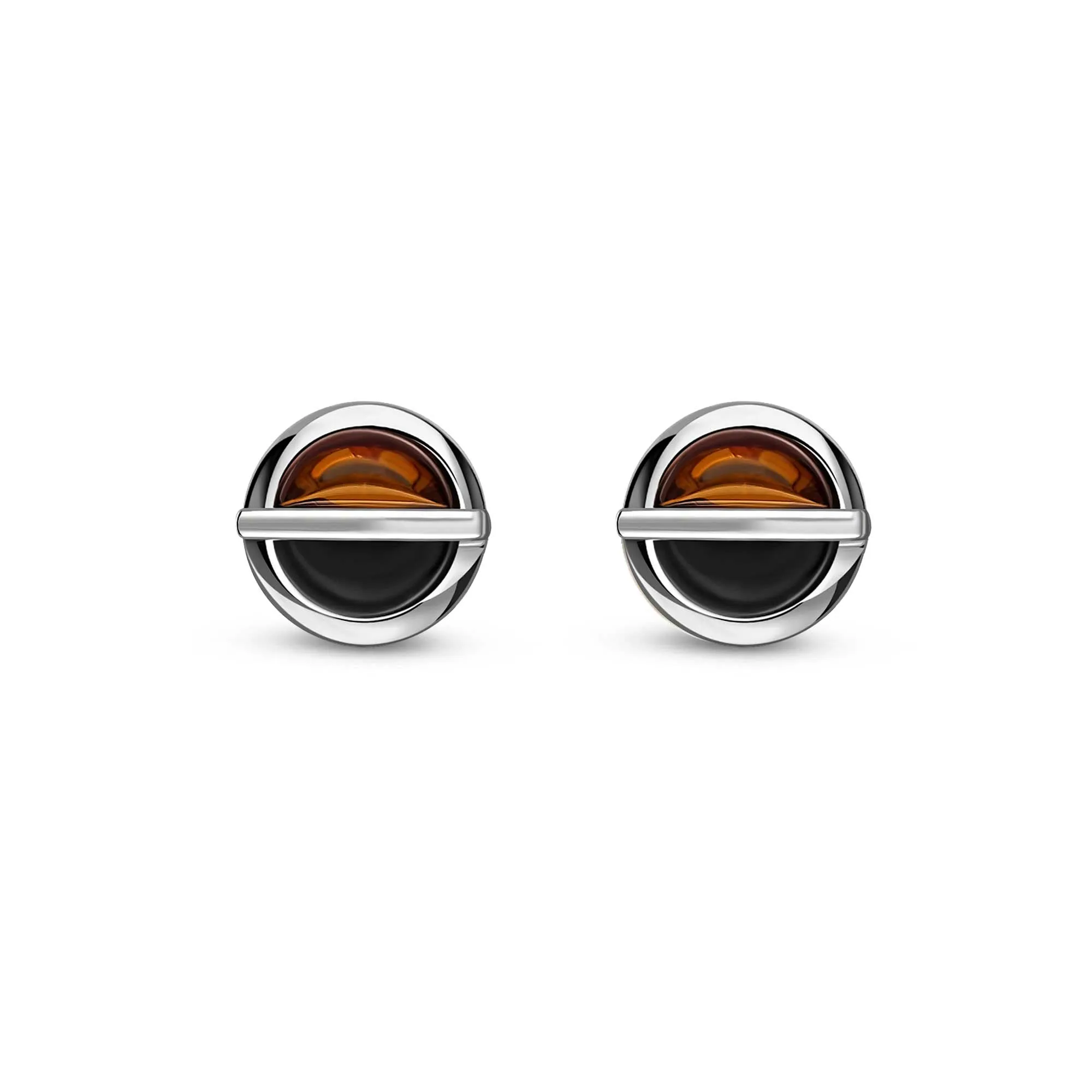 Sterling Silver Whitby Jet & Amber Split Round Stud Earrings