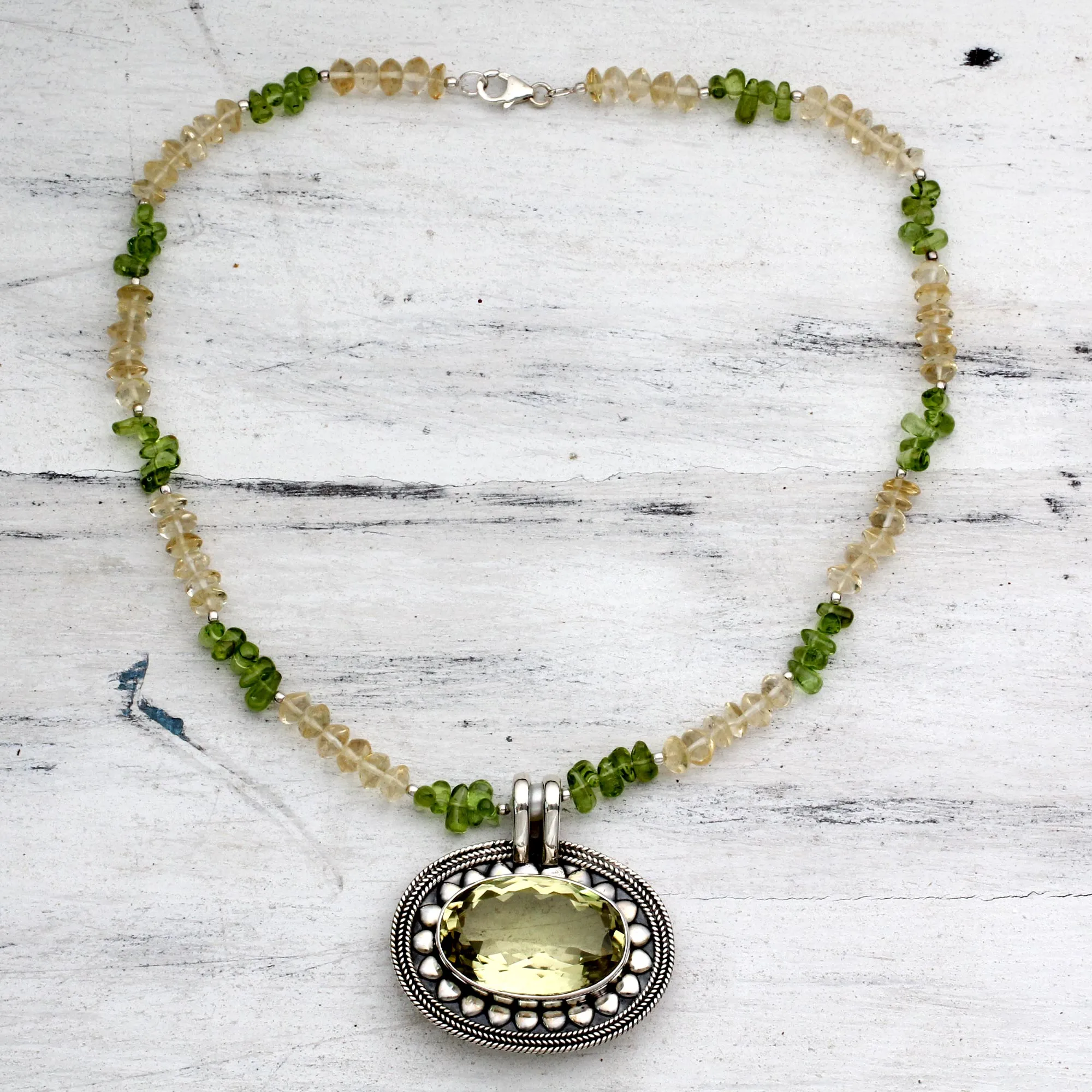 Stunning Sunflower Peridot and Citrine Silver Pendant Necklace