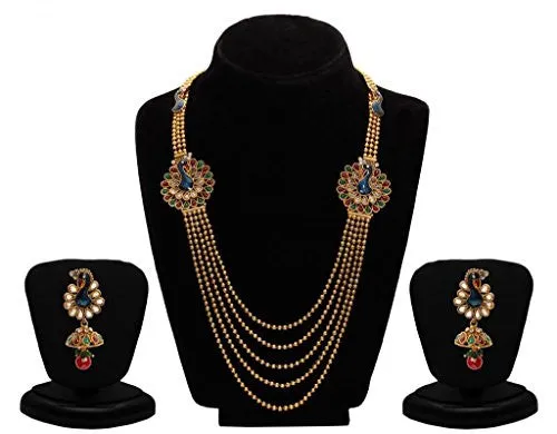 Sukkhi Emerald Ruby Meenakari Five String Gold Plated Mayur Necklace Set for Women