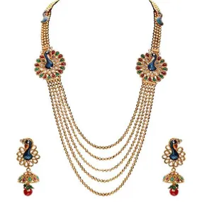Sukkhi Emerald Ruby Meenakari Five String Gold Plated Mayur Necklace Set for Women