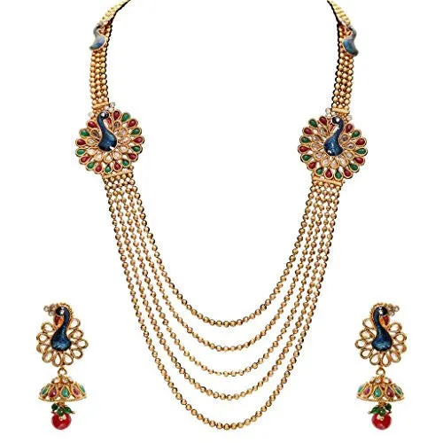 Sukkhi Emerald Ruby Meenakari Five String Gold Plated Mayur Necklace Set for Women