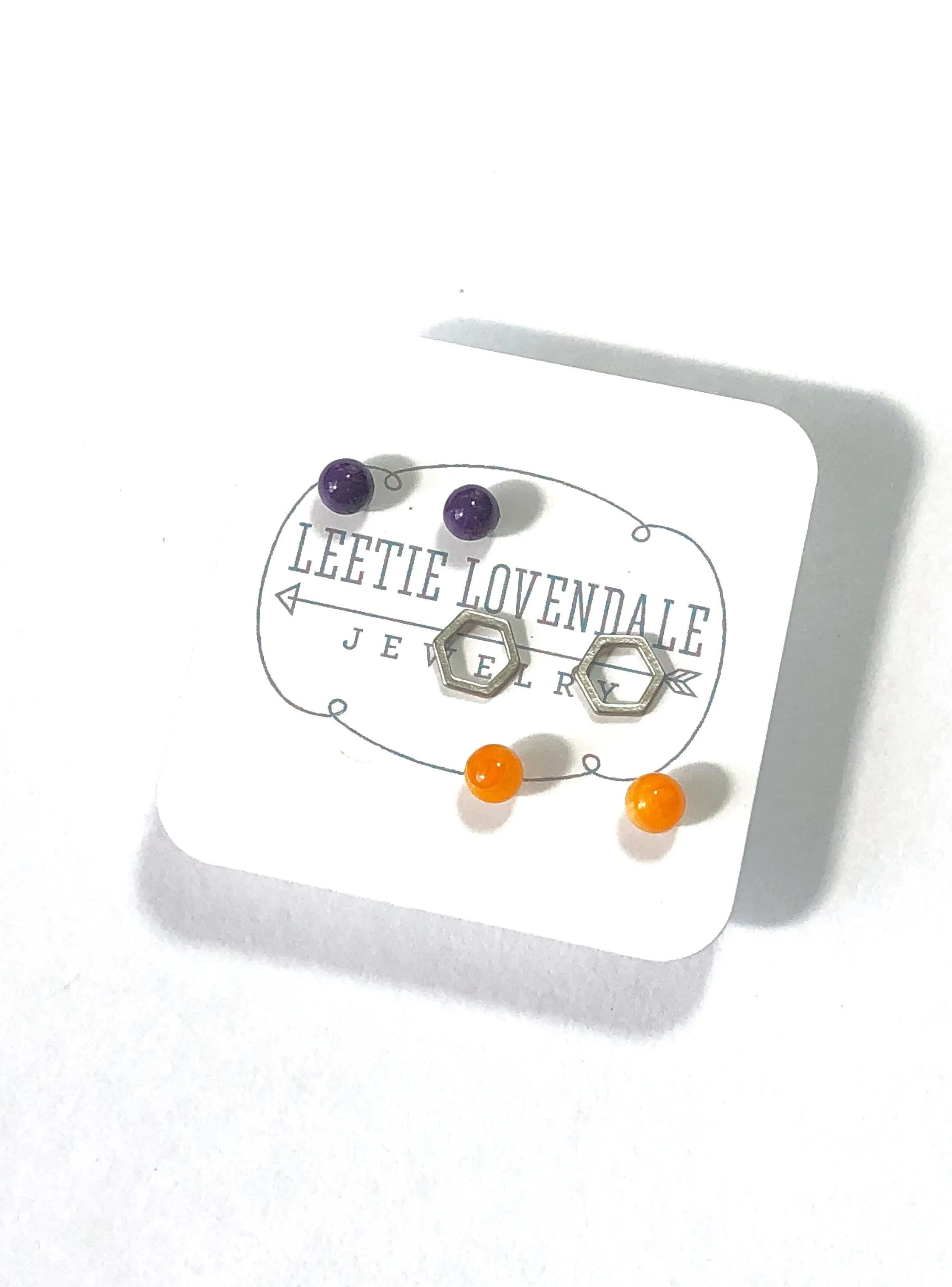 Tiny Dark Purple Amber & Frosted Silver Hexagon Geo Stud Earrings Set
