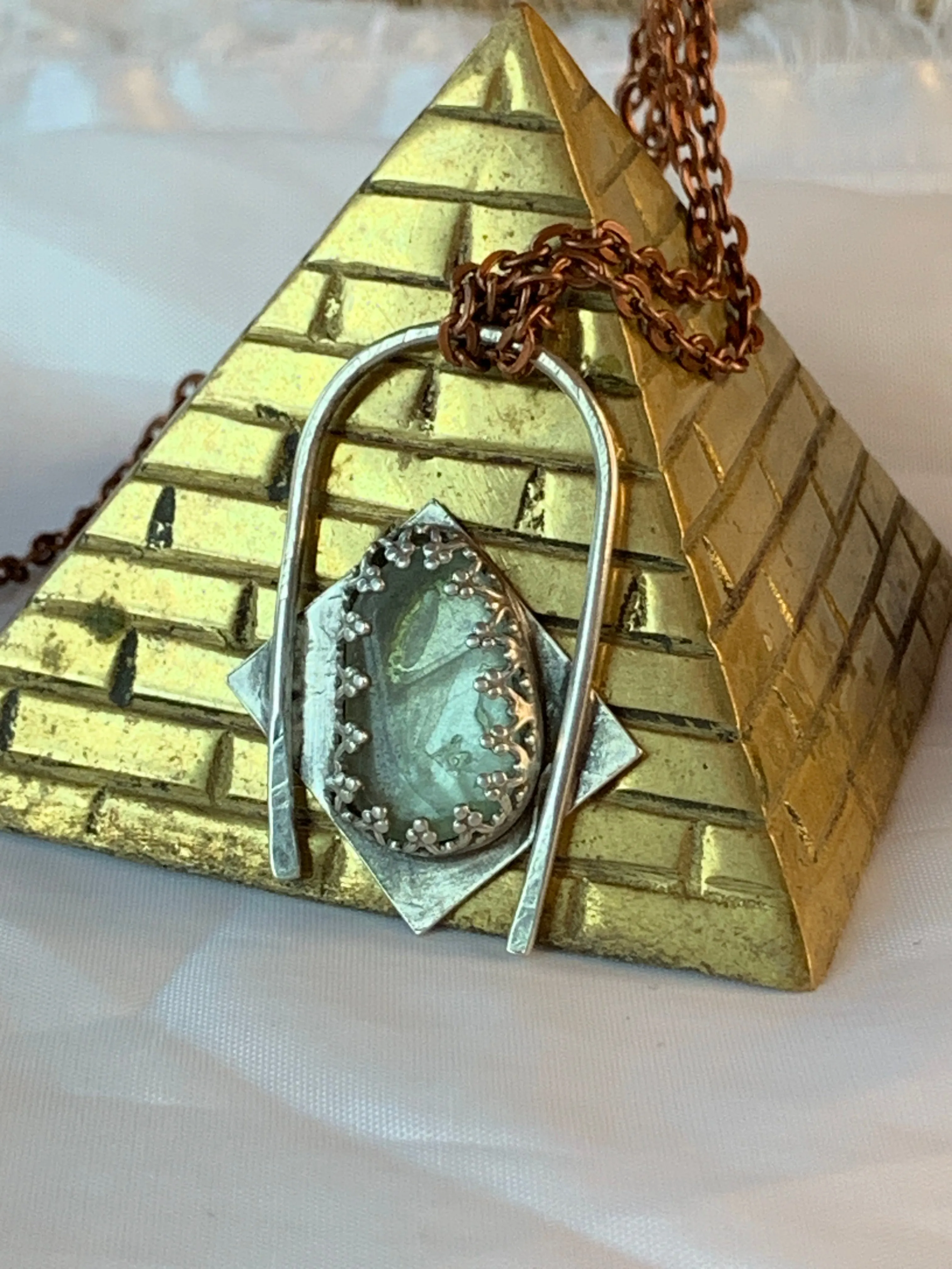 Translucent Green Fluorite Oxidized Sterling Silver Geometric Antique Design Pendant Necklace