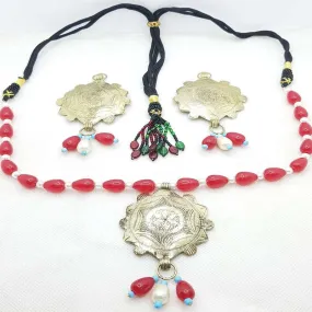 Tribal Bohemian Red and White Beaded Jewelry Set