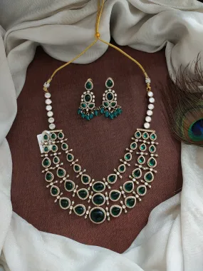Triple-Layered Moissanite and Kundan Stones Victorian Finish Short Necklace Set