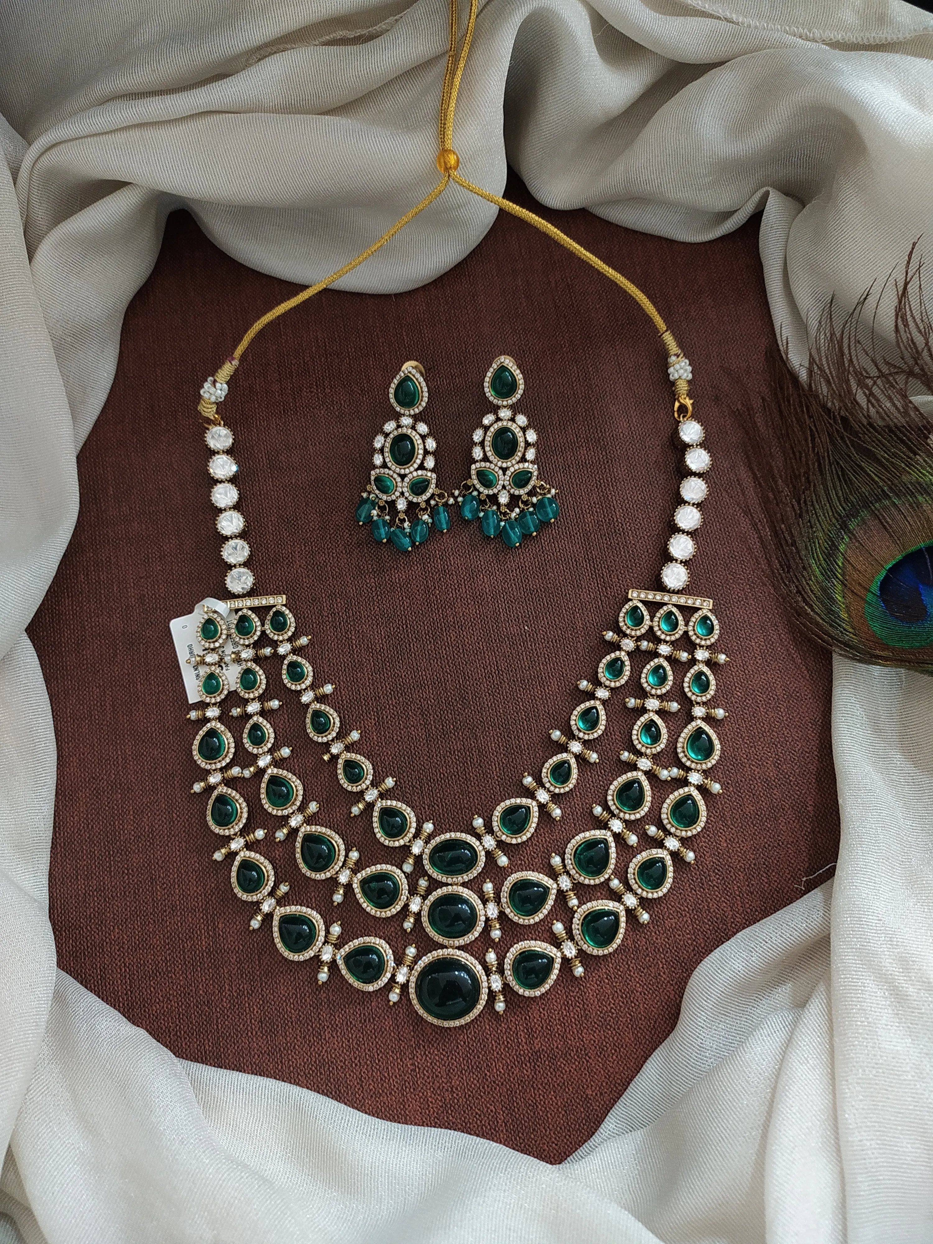 Triple-Layered Moissanite and Kundan Stones Victorian Finish Short Necklace Set
