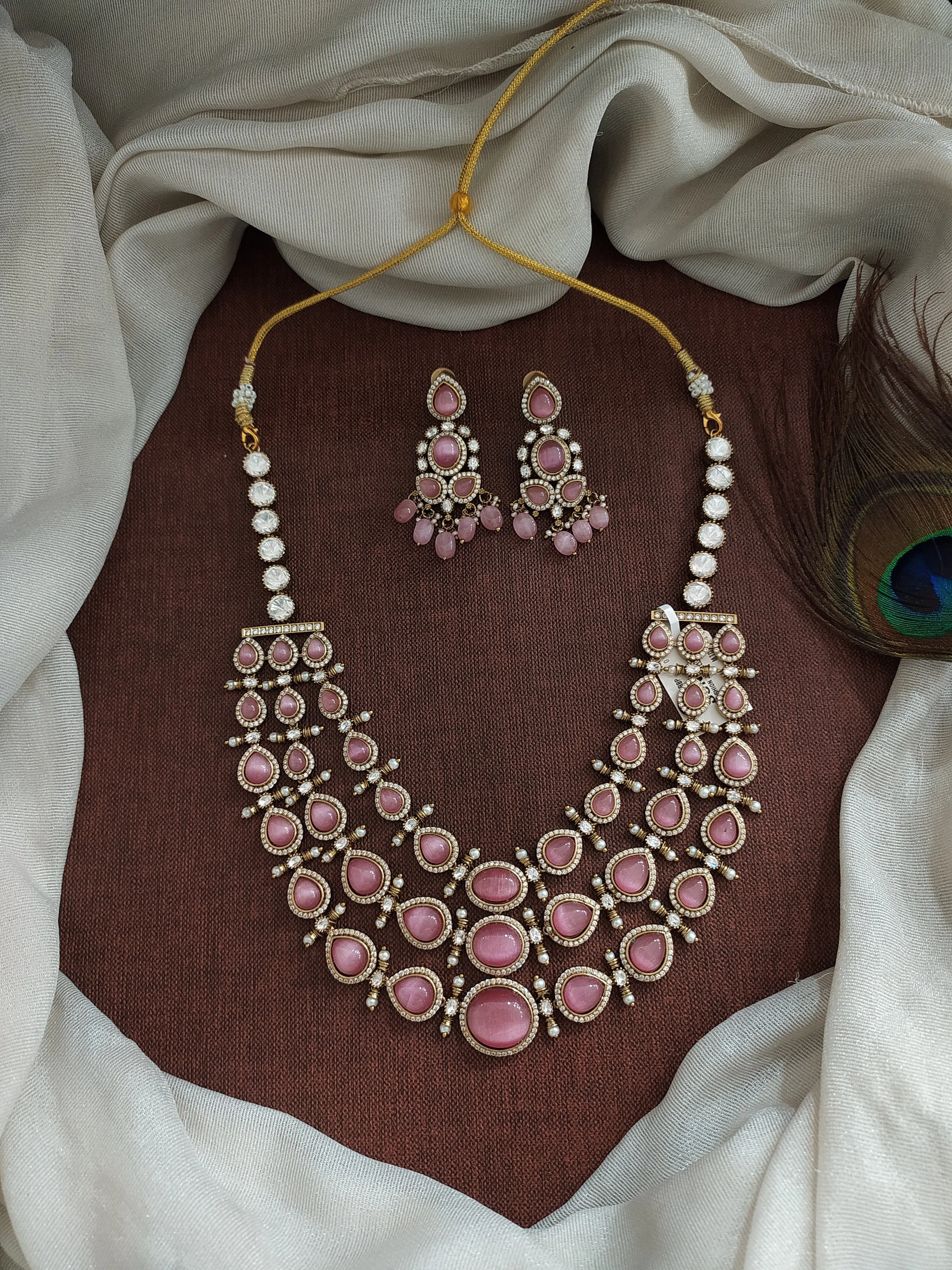 Triple-Layered Moissanite and Kundan Stones Victorian Finish Short Necklace Set