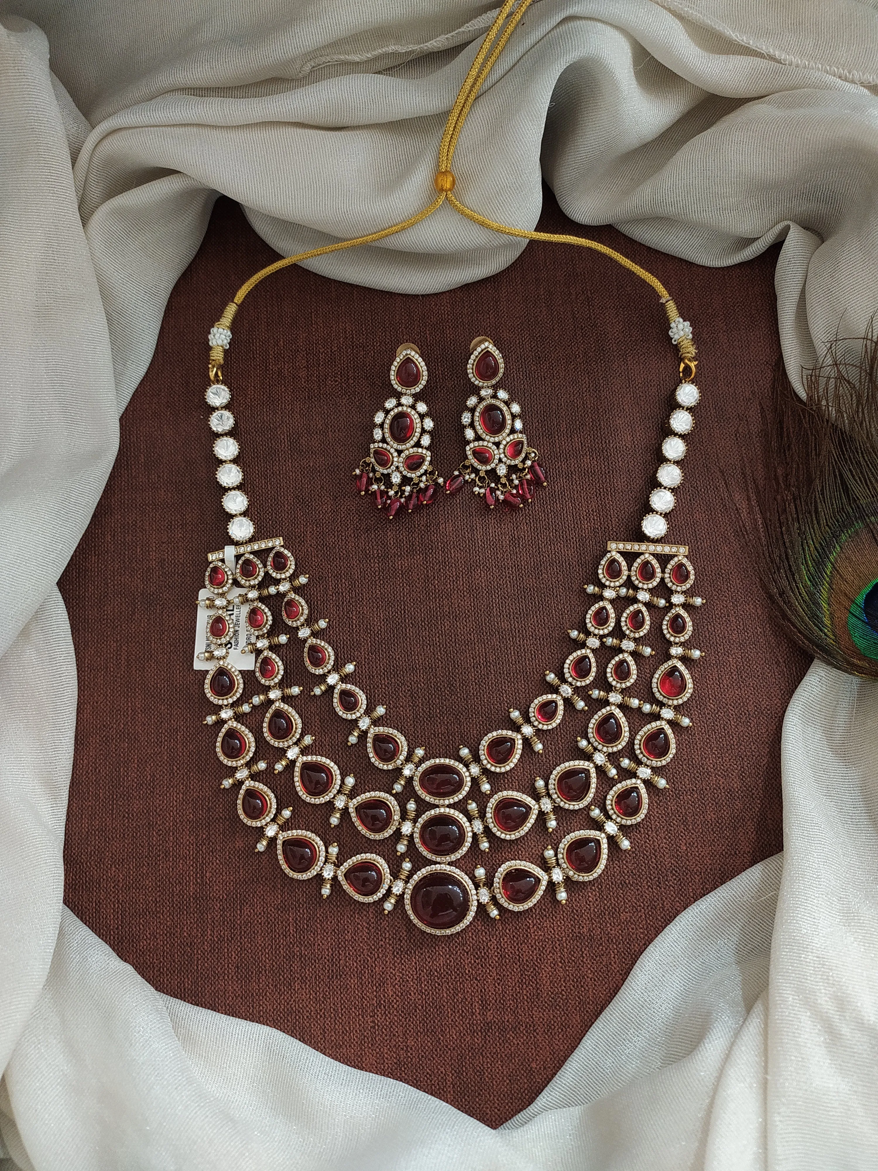 Triple-Layered Moissanite and Kundan Stones Victorian Finish Short Necklace Set