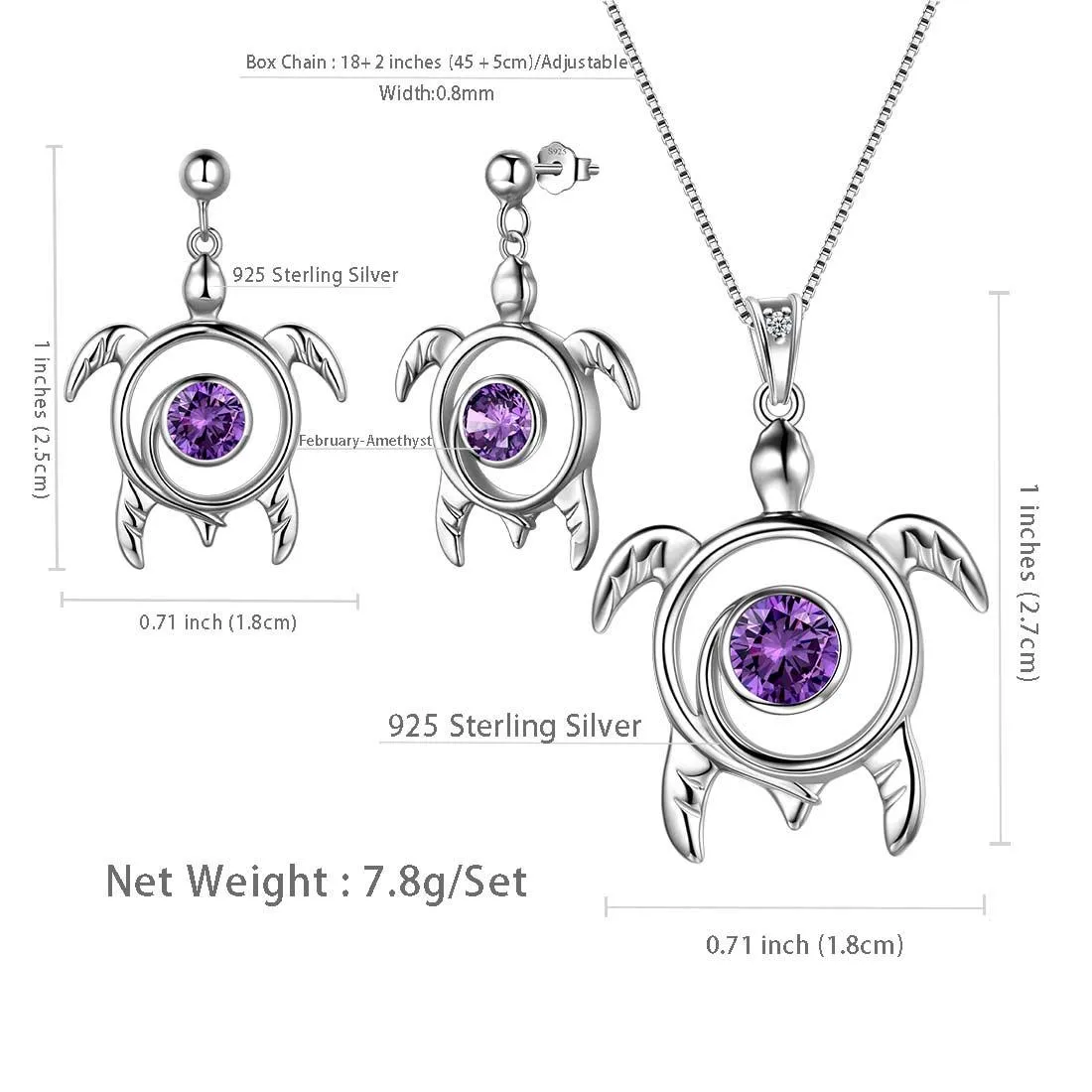 Turtle Birthstone February Amethyst Jewelry Set 3PCS Women Girls Birthday Gift