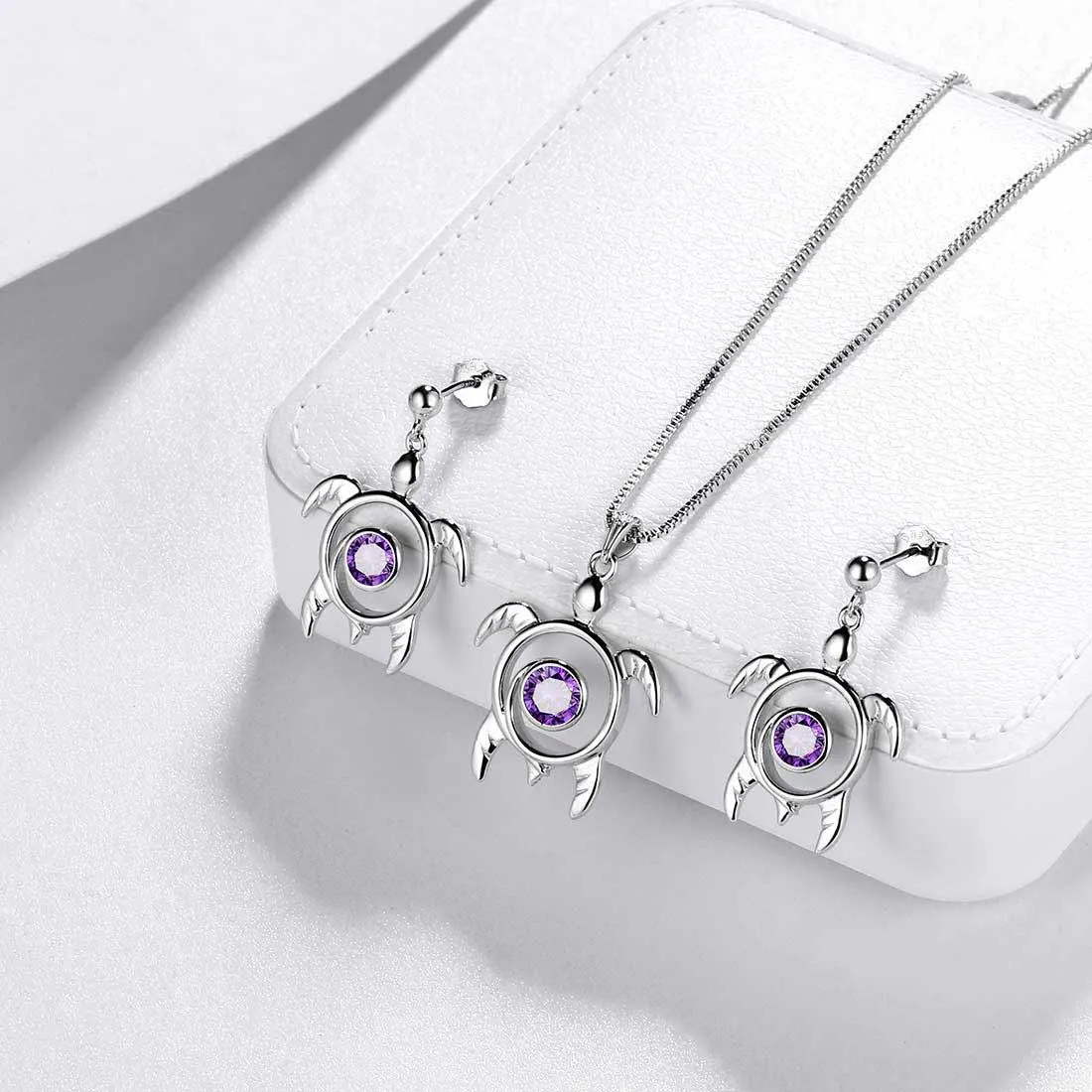 Turtle Birthstone February Amethyst Jewelry Set 3PCS Women Girls Birthday Gift