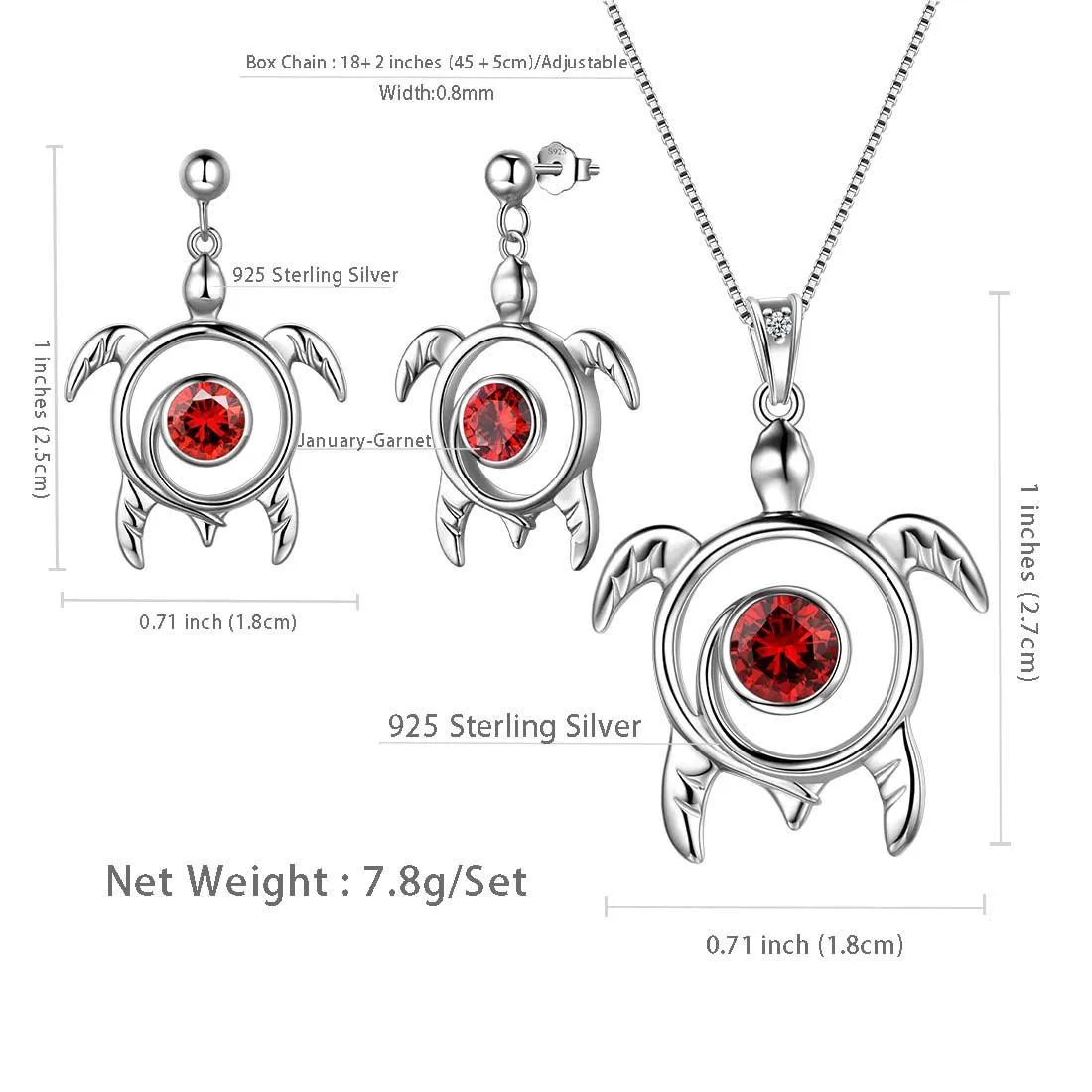 Turtle Birthstone January Garnet Jewelry Set 3PCS Women Girls Birthday Gift