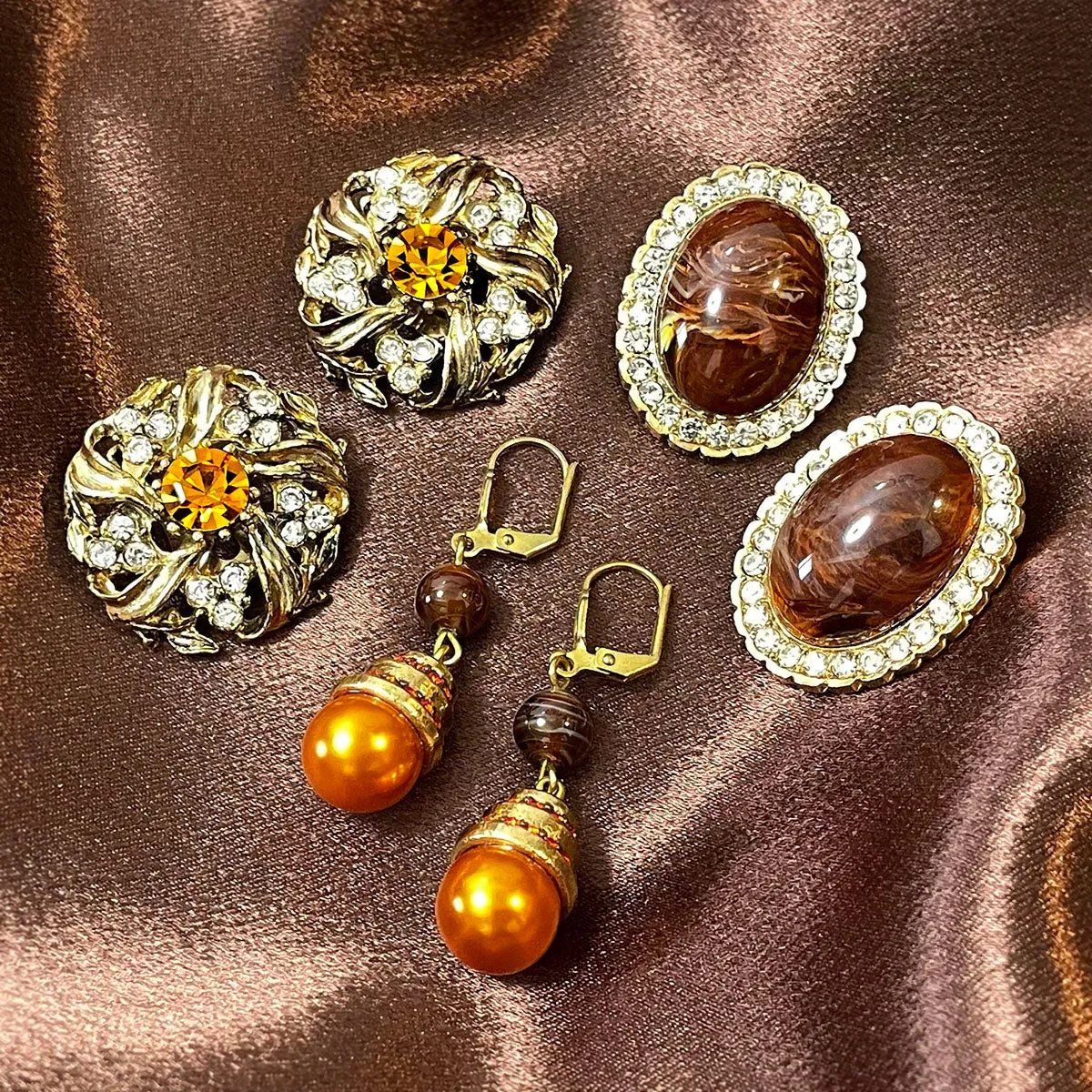 【UK買付】ヴィンテージ アンバーオレンジ ビジュー リーフ イヤリング/Vintage Amber Bijou Leaf Clip On Earrings