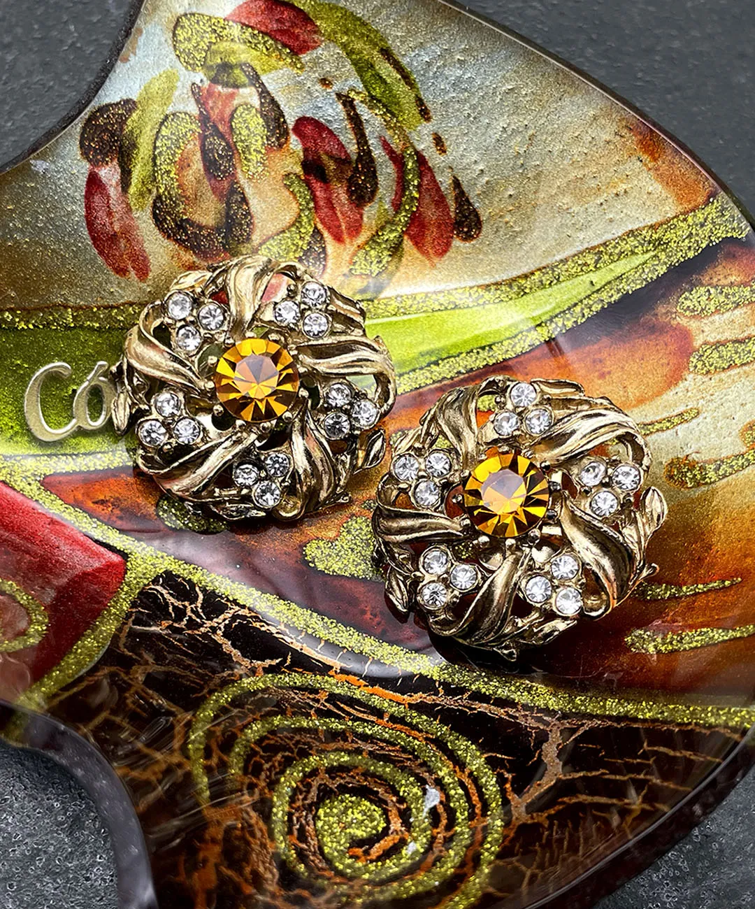 【UK買付】ヴィンテージ アンバーオレンジ ビジュー リーフ イヤリング/Vintage Amber Bijou Leaf Clip On Earrings