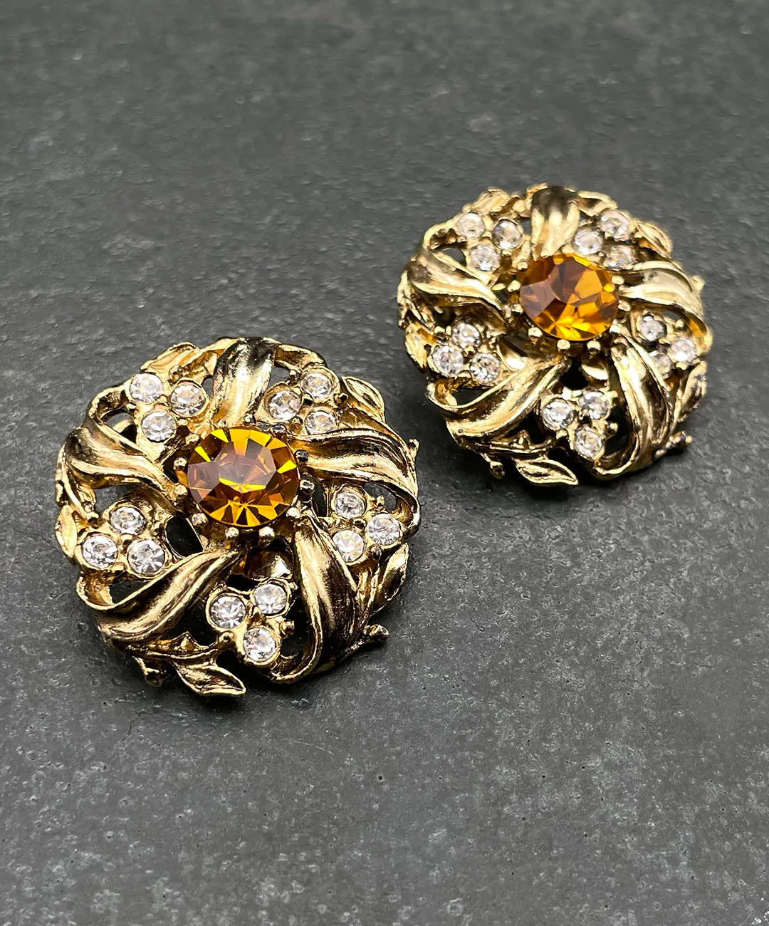 【UK買付】ヴィンテージ アンバーオレンジ ビジュー リーフ イヤリング/Vintage Amber Bijou Leaf Clip On Earrings