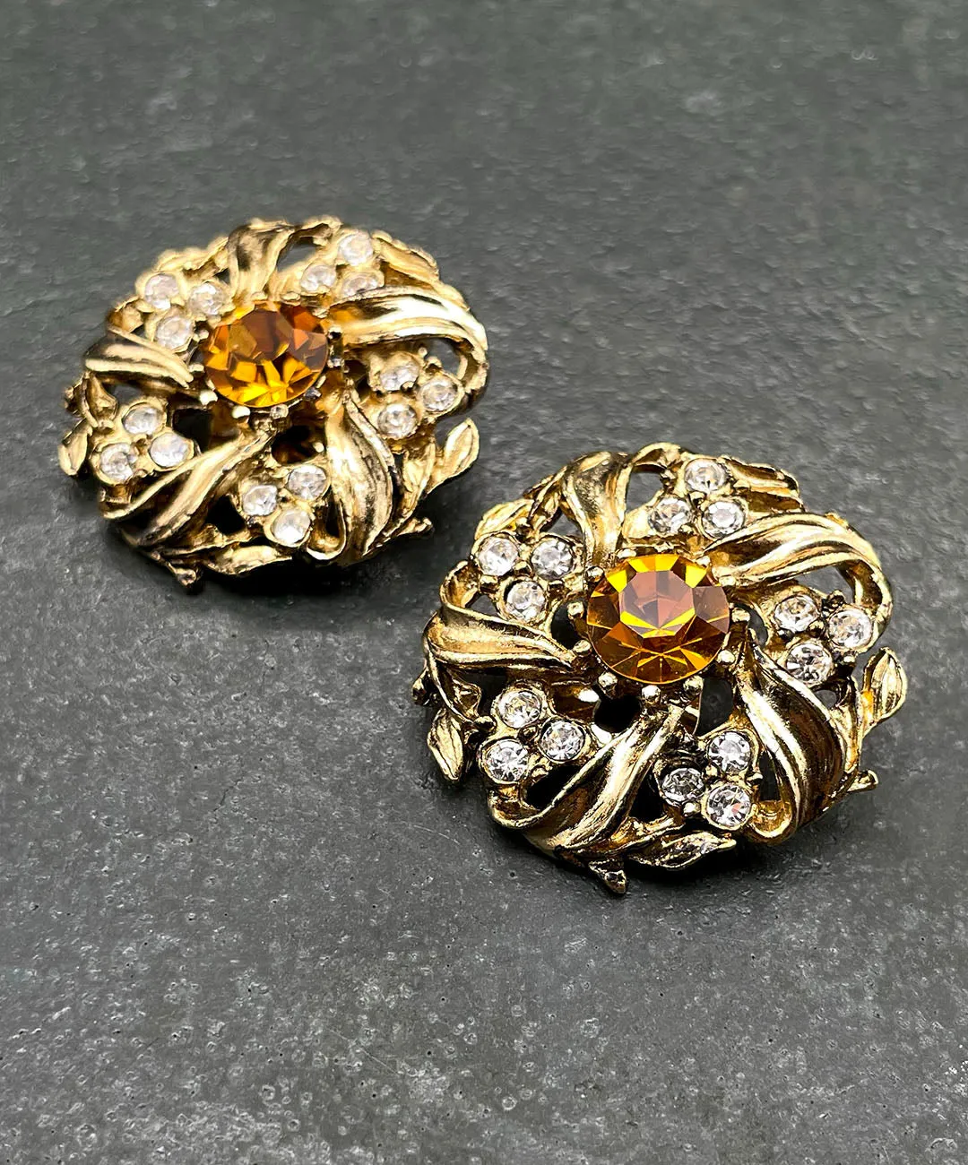 【UK買付】ヴィンテージ アンバーオレンジ ビジュー リーフ イヤリング/Vintage Amber Bijou Leaf Clip On Earrings