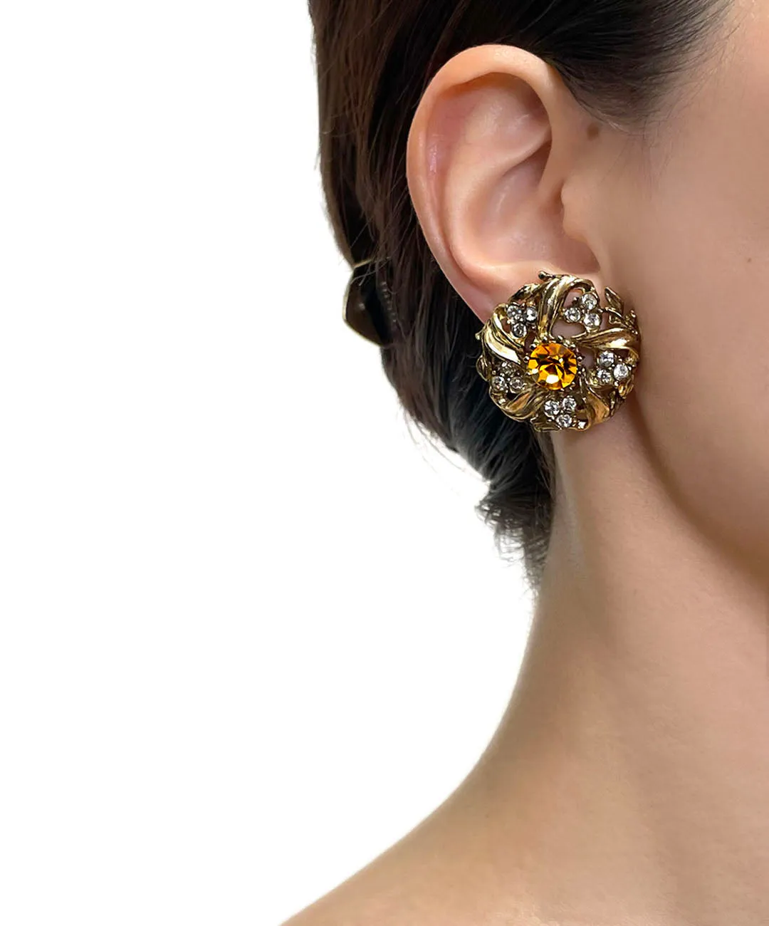 【UK買付】ヴィンテージ アンバーオレンジ ビジュー リーフ イヤリング/Vintage Amber Bijou Leaf Clip On Earrings