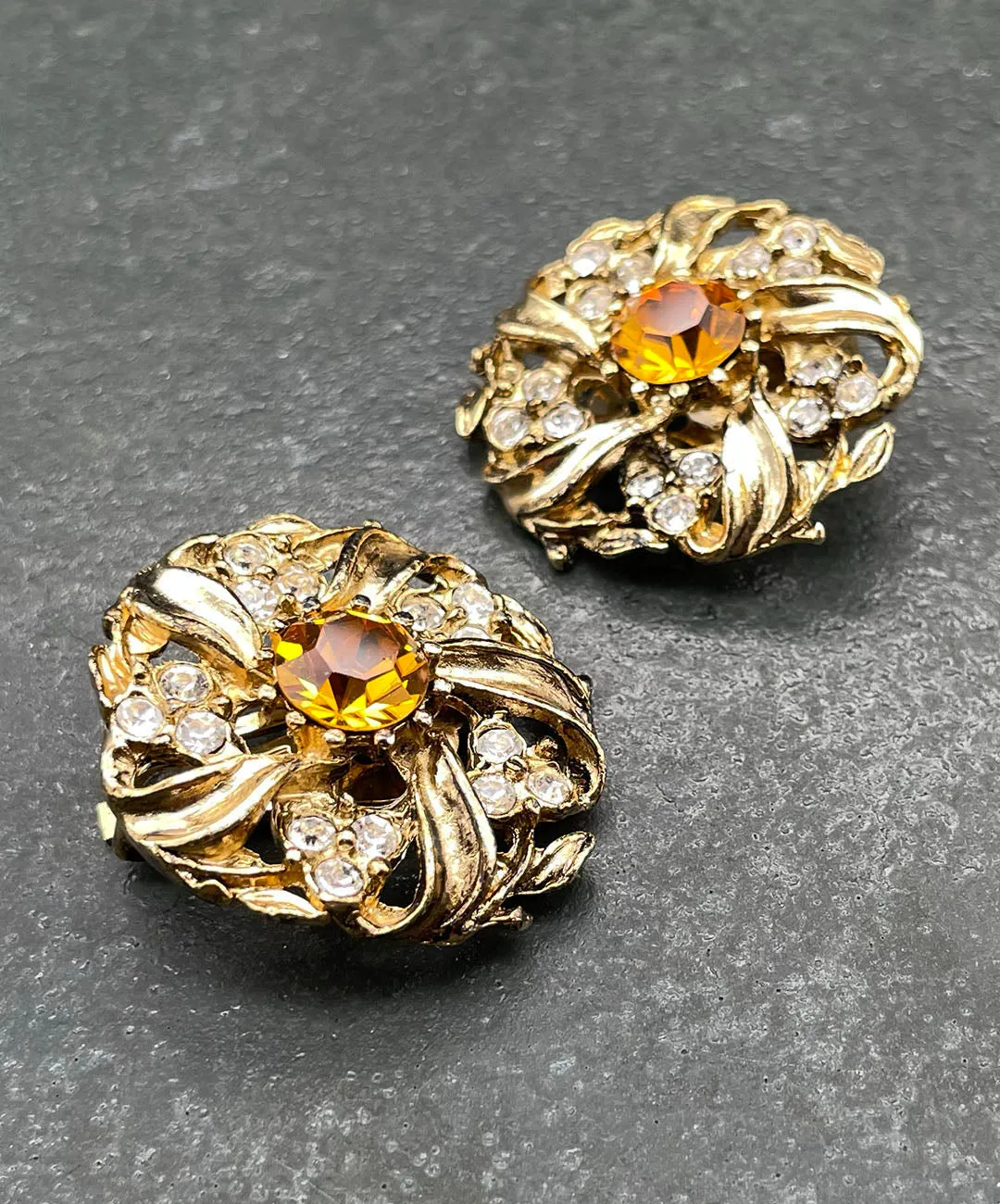 【UK買付】ヴィンテージ アンバーオレンジ ビジュー リーフ イヤリング/Vintage Amber Bijou Leaf Clip On Earrings