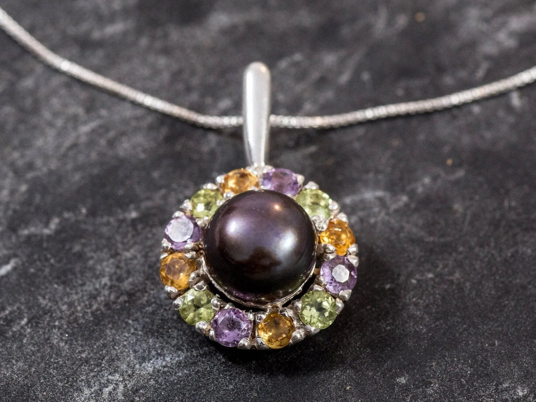 Victorian Black Pearl Necklace - Natural Black Pearl Pendant - Flower Pearl Necklace
