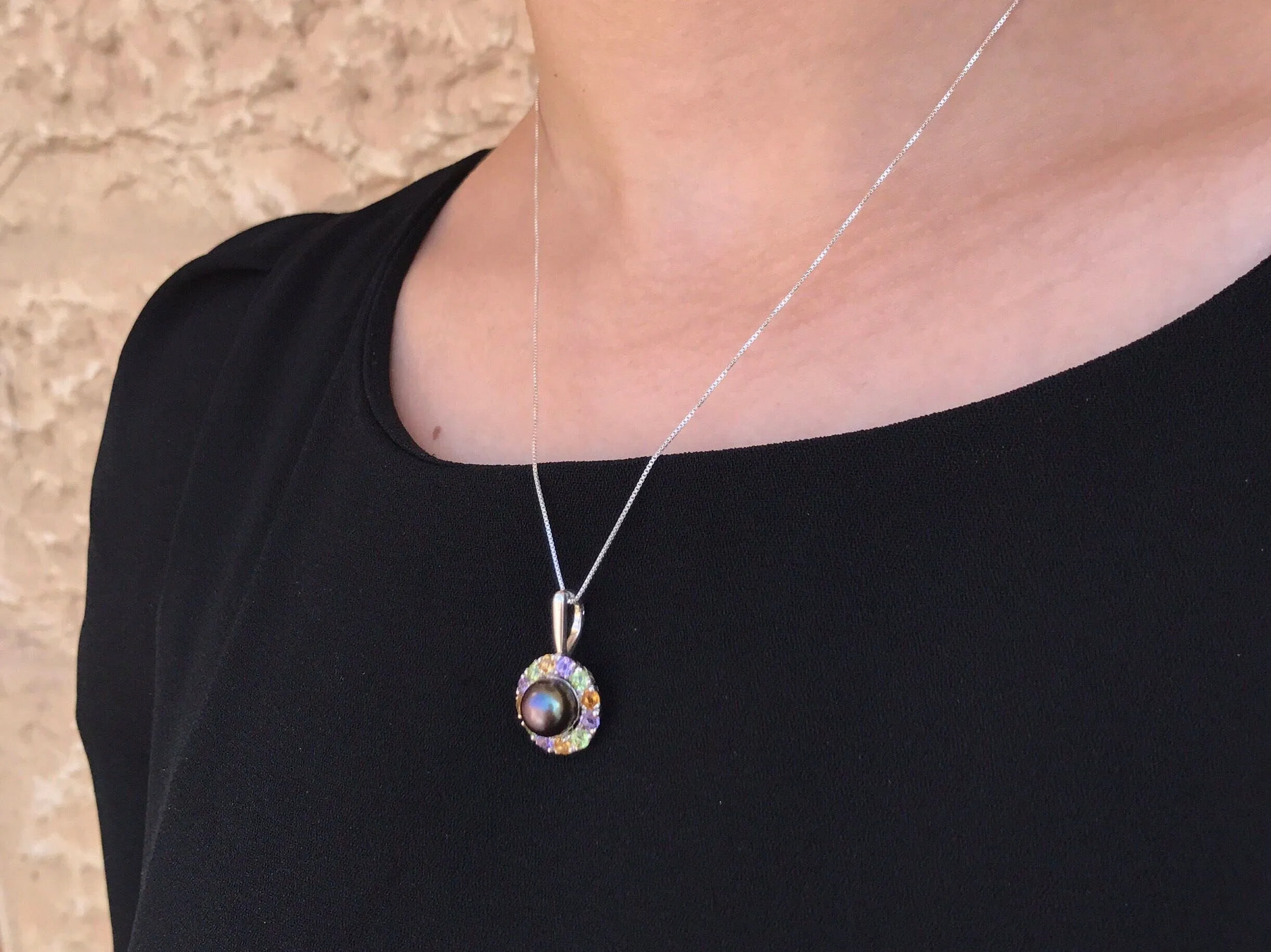 Victorian Black Pearl Necklace - Natural Black Pearl Pendant - Flower Pearl Necklace