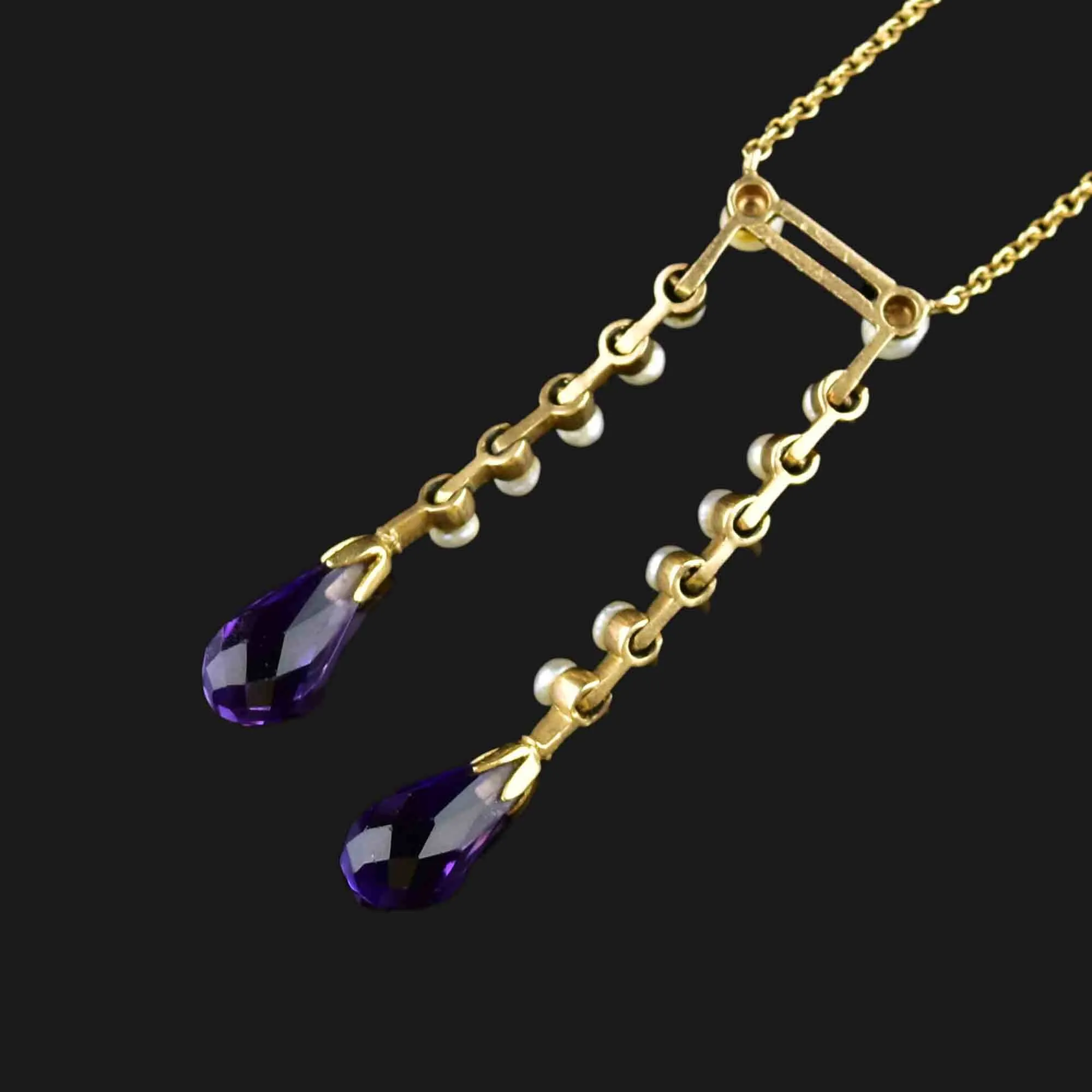 Vintage 14K Gold Pearl Amethyst Lavaliere Necklace