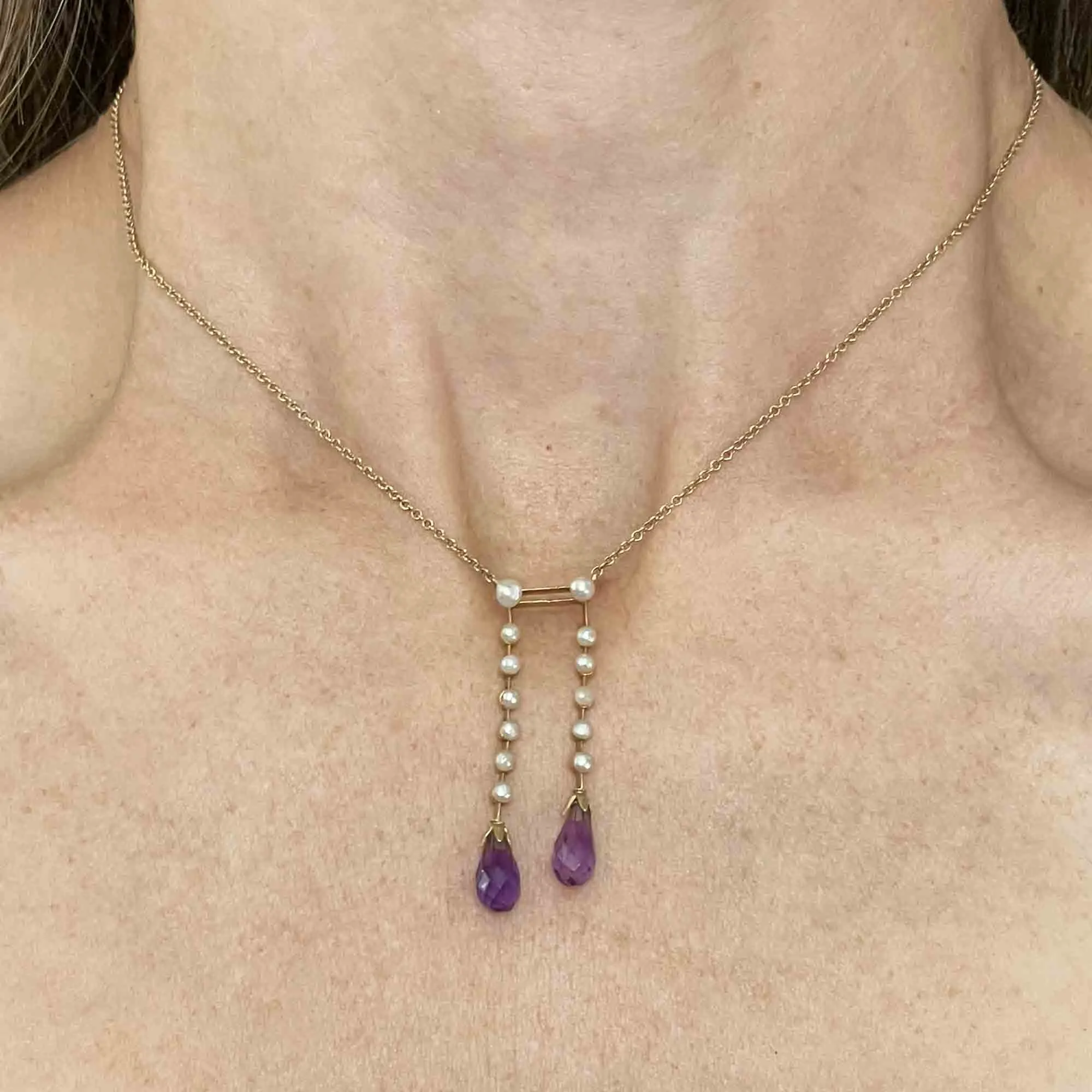 Vintage 14K Gold Pearl Amethyst Lavaliere Necklace