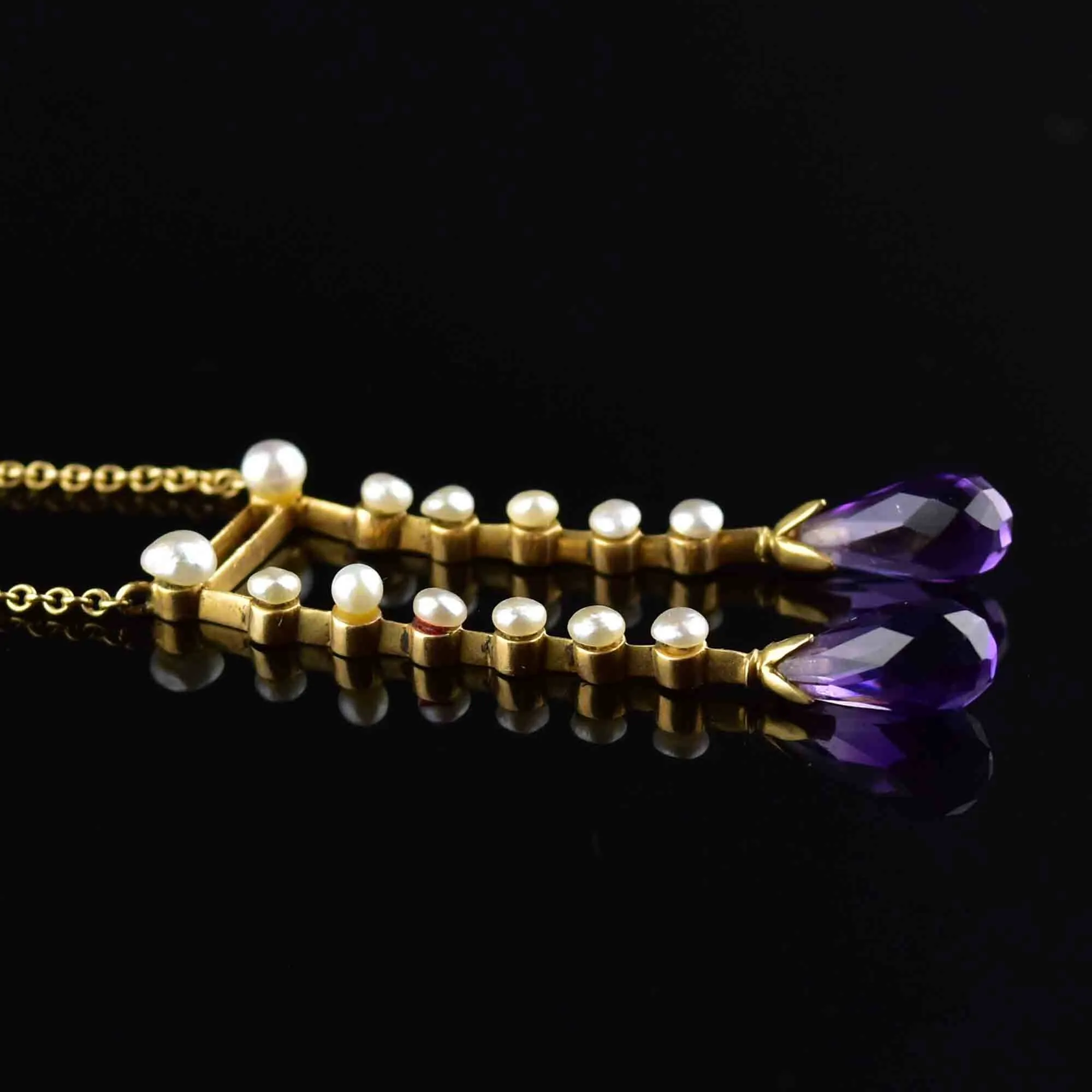 Vintage 14K Gold Pearl Amethyst Lavaliere Necklace