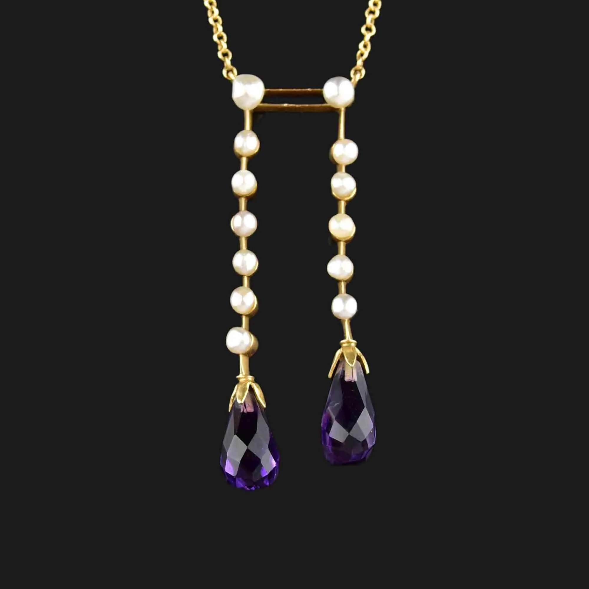 Vintage 14K Gold Pearl Amethyst Lavaliere Necklace