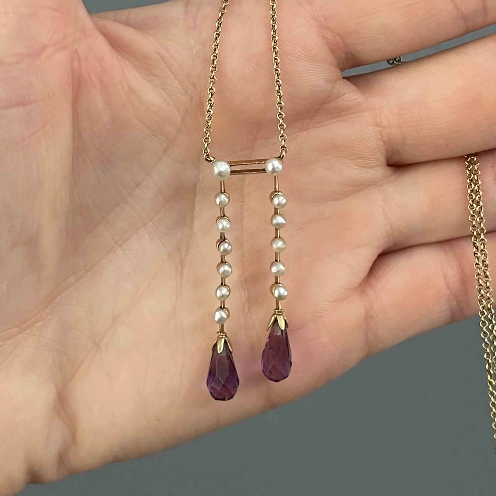 Vintage 14K Gold Pearl Amethyst Lavaliere Necklace