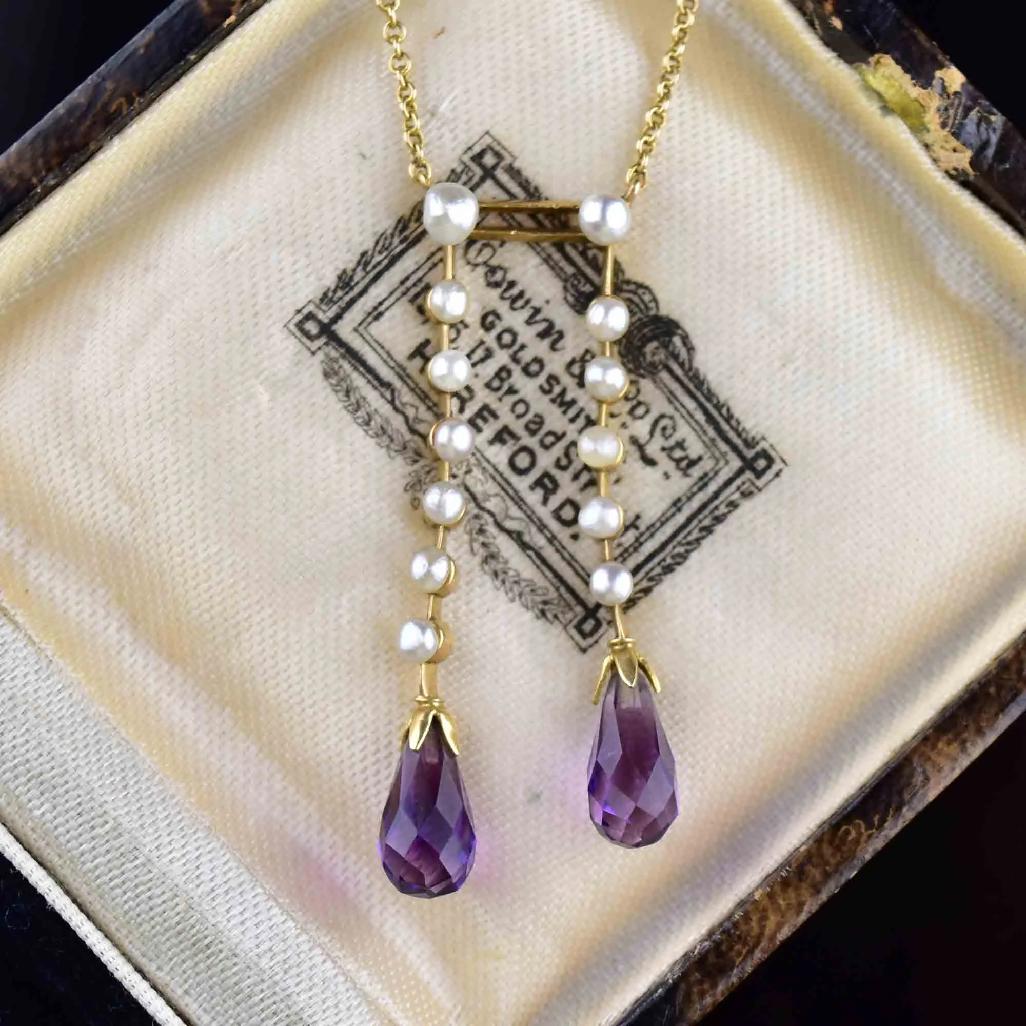 Vintage 14K Gold Pearl Amethyst Lavaliere Necklace