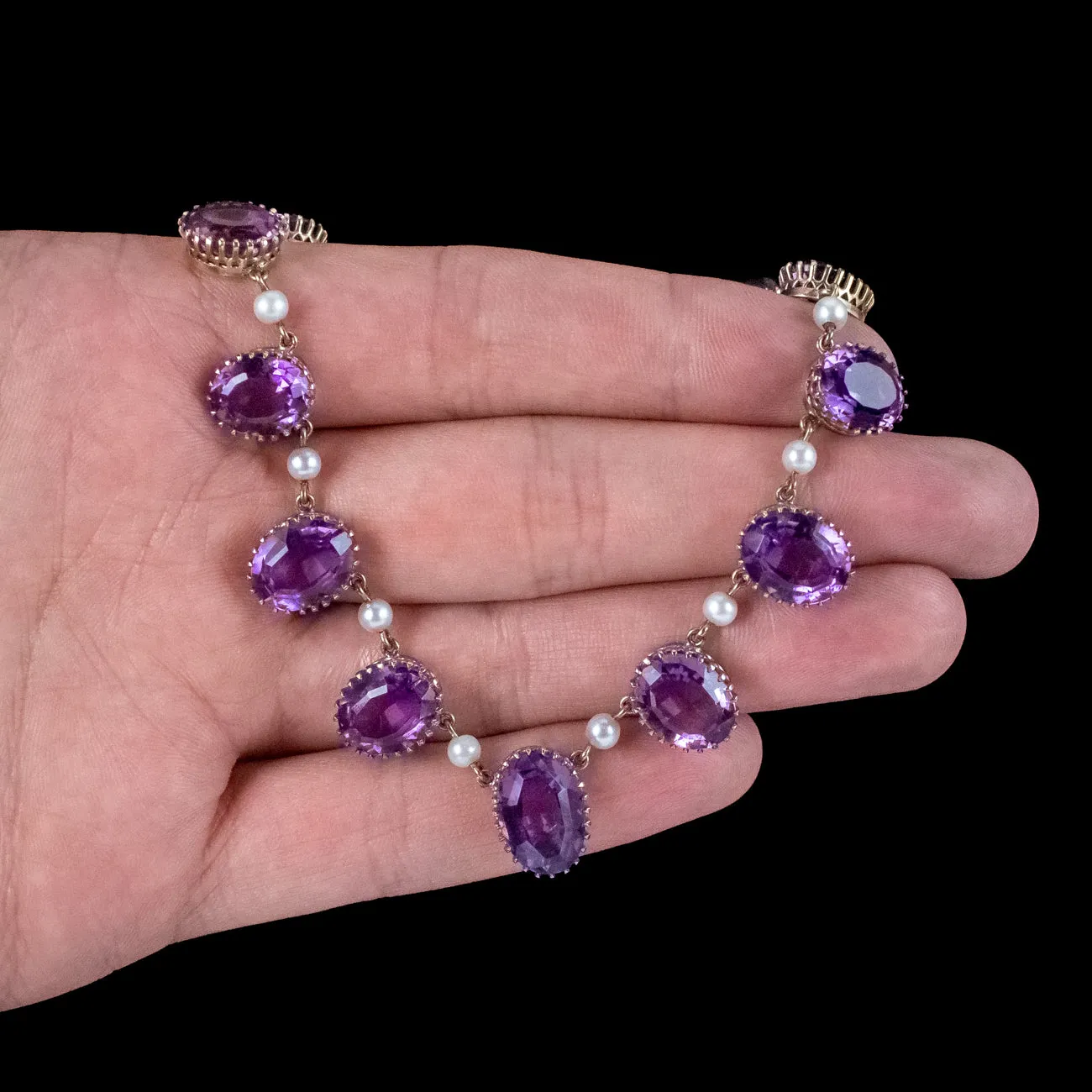 Vintage Amethyst Pearl Necklace 9ct Gold 27ct Of Amethyst Dated 1976