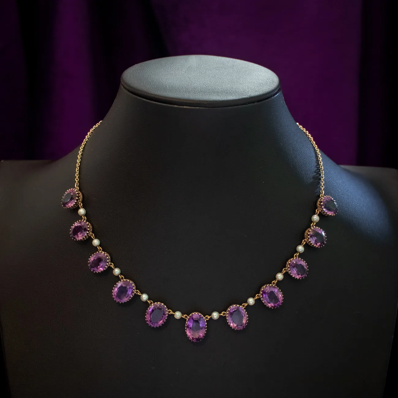 Vintage Amethyst Pearl Necklace 9ct Gold 27ct Of Amethyst Dated 1976