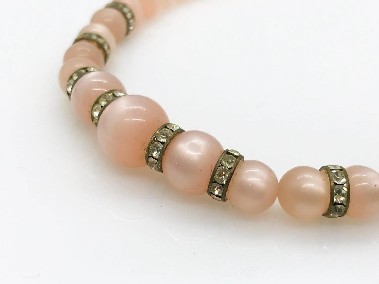 Vintage Faux Pink Graduated Pearl Necklace With Rhinestone Rondelles