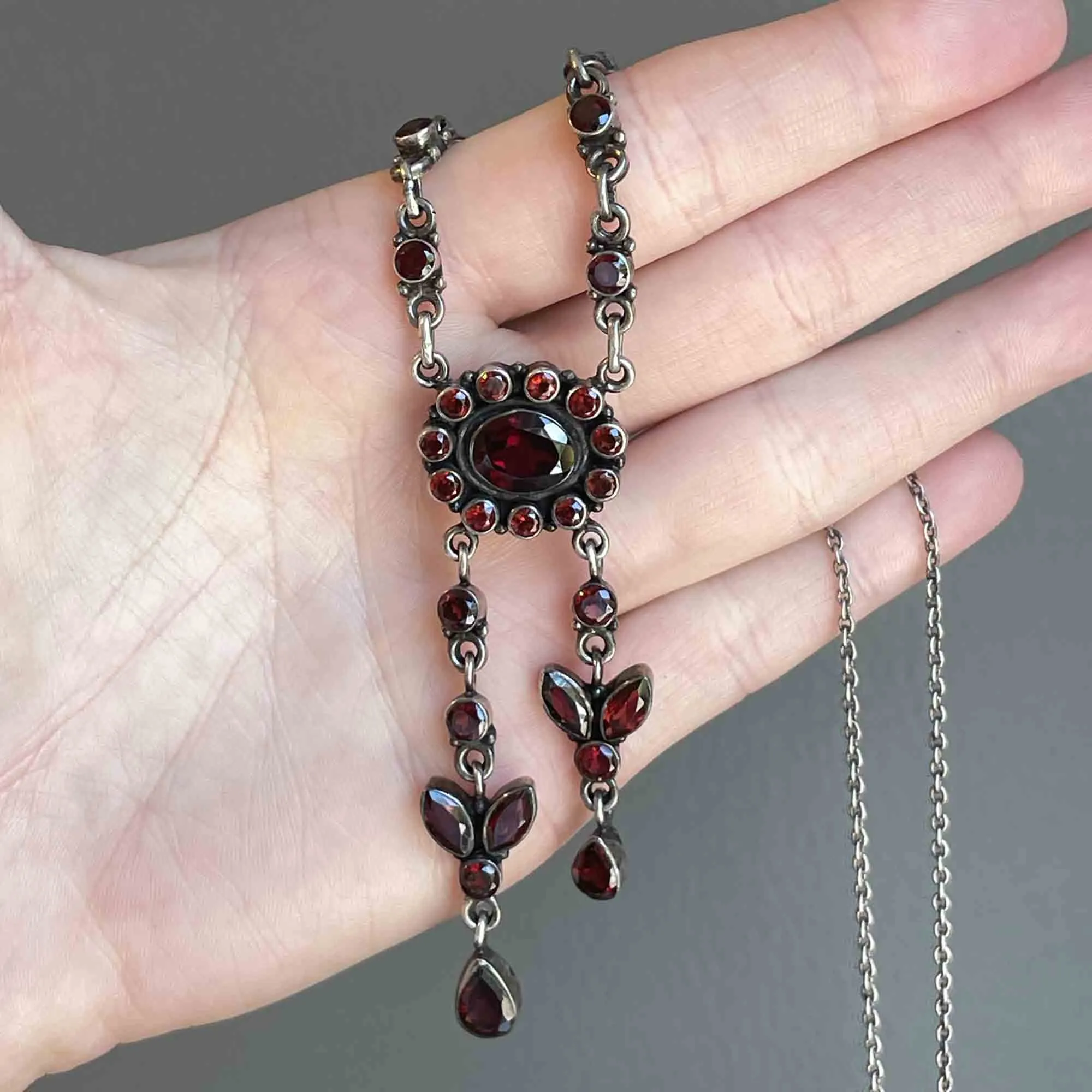 Vintage Floral Garnet Negligee Silver Pendant Necklace