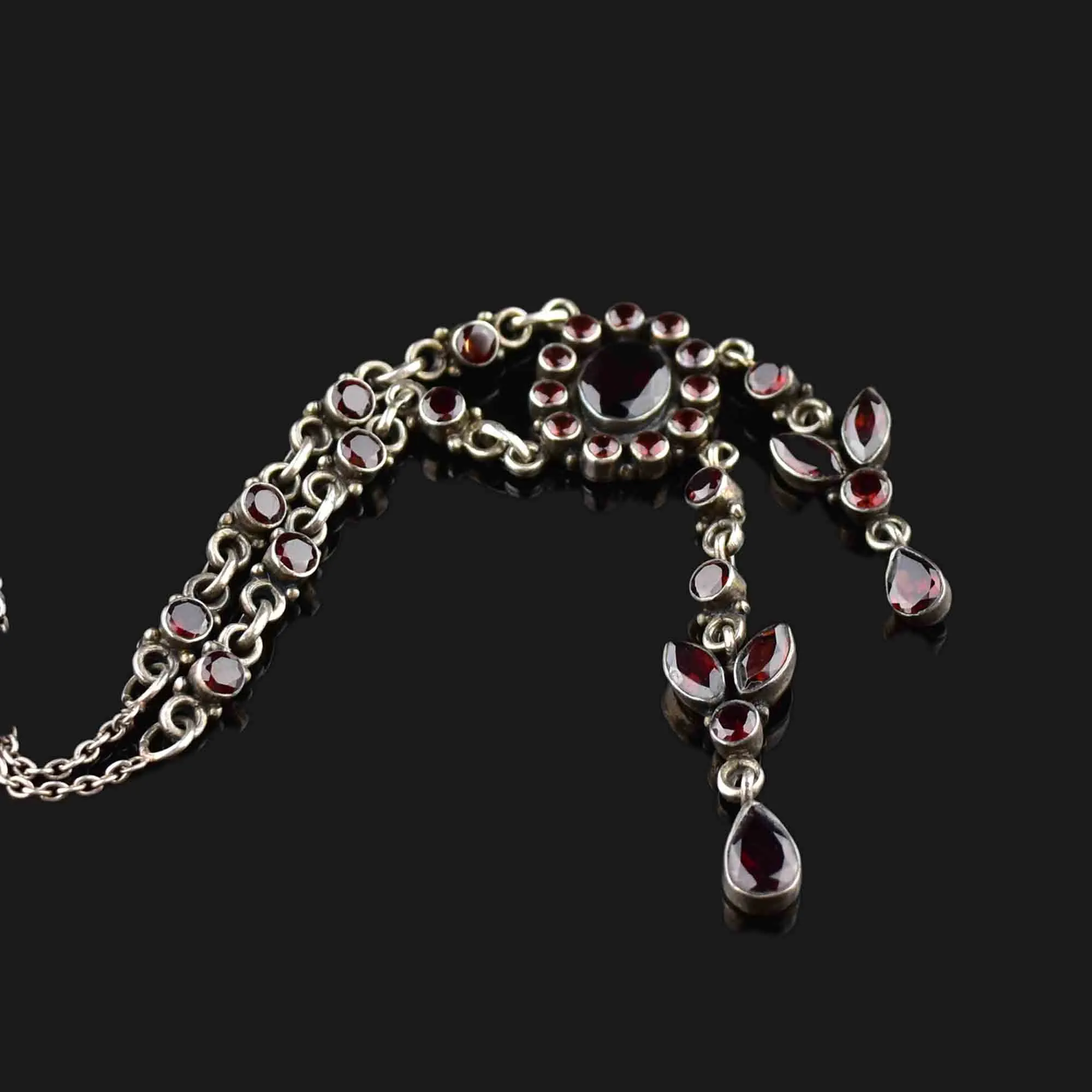 Vintage Floral Garnet Negligee Silver Pendant Necklace