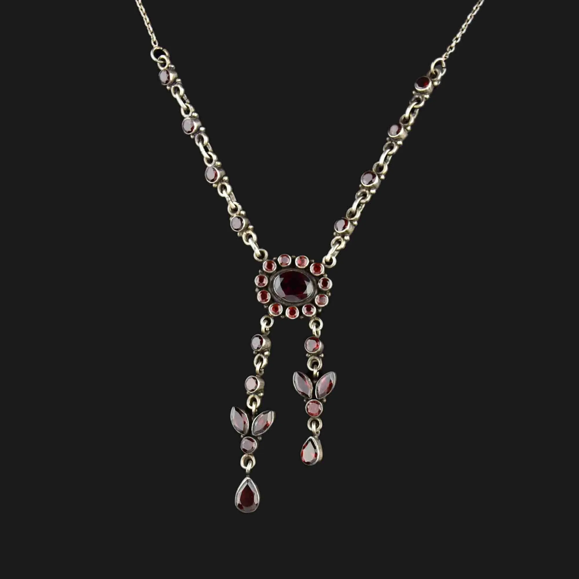 Vintage Floral Garnet Negligee Silver Pendant Necklace