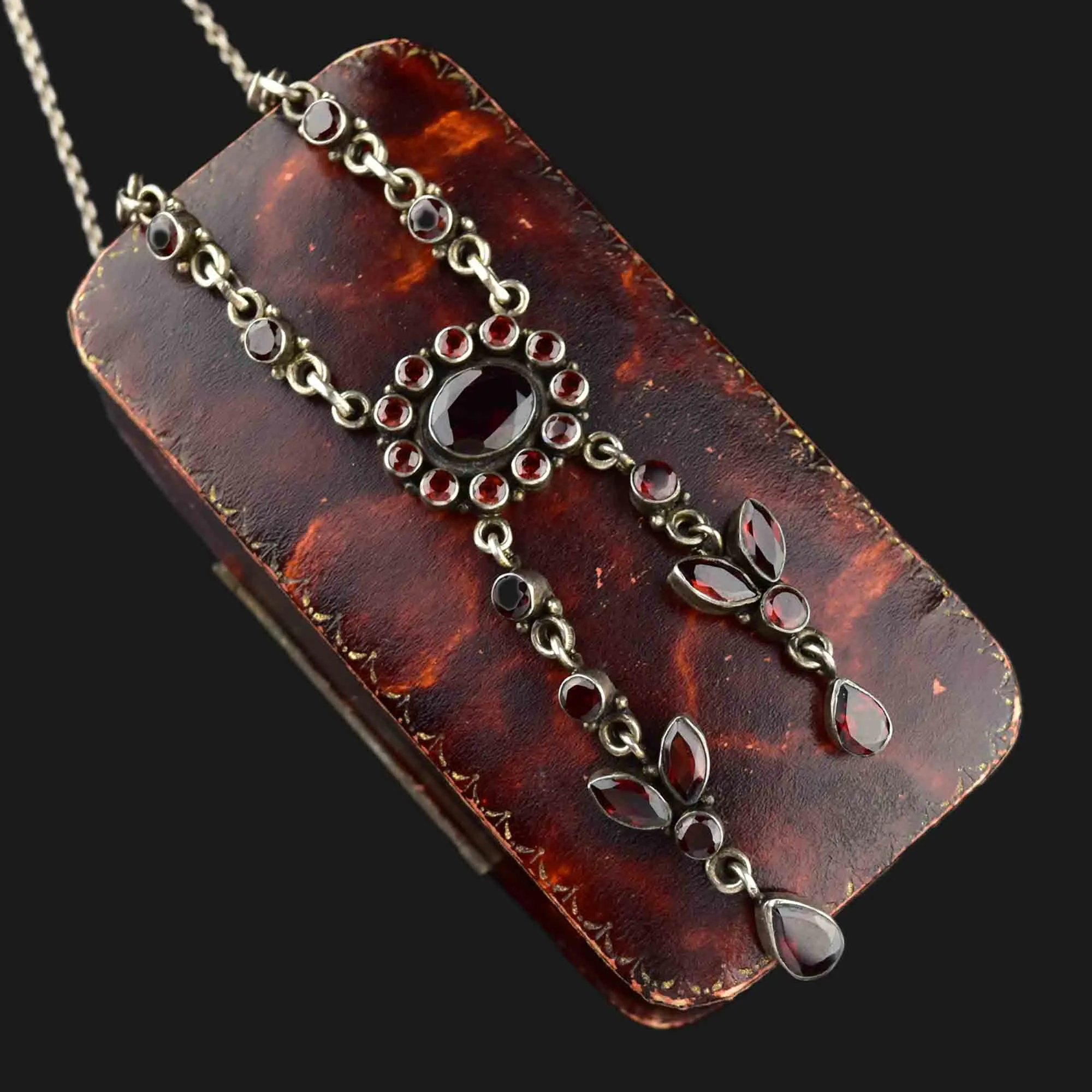 Vintage Floral Garnet Negligee Silver Pendant Necklace