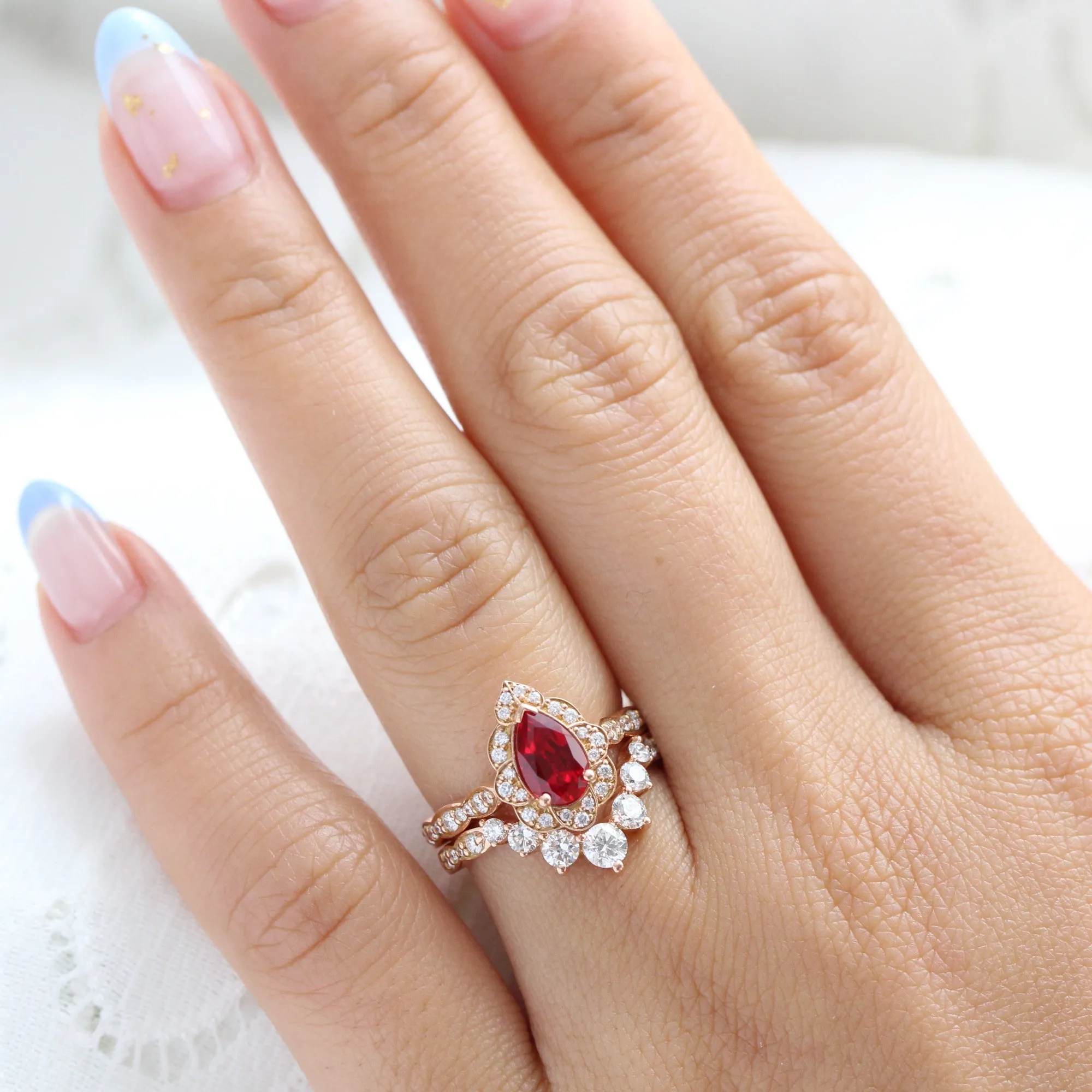 Vintage Floral Pear Ruby Ring Set w/ Large 7 Diamond U Shaped Scalloped Band