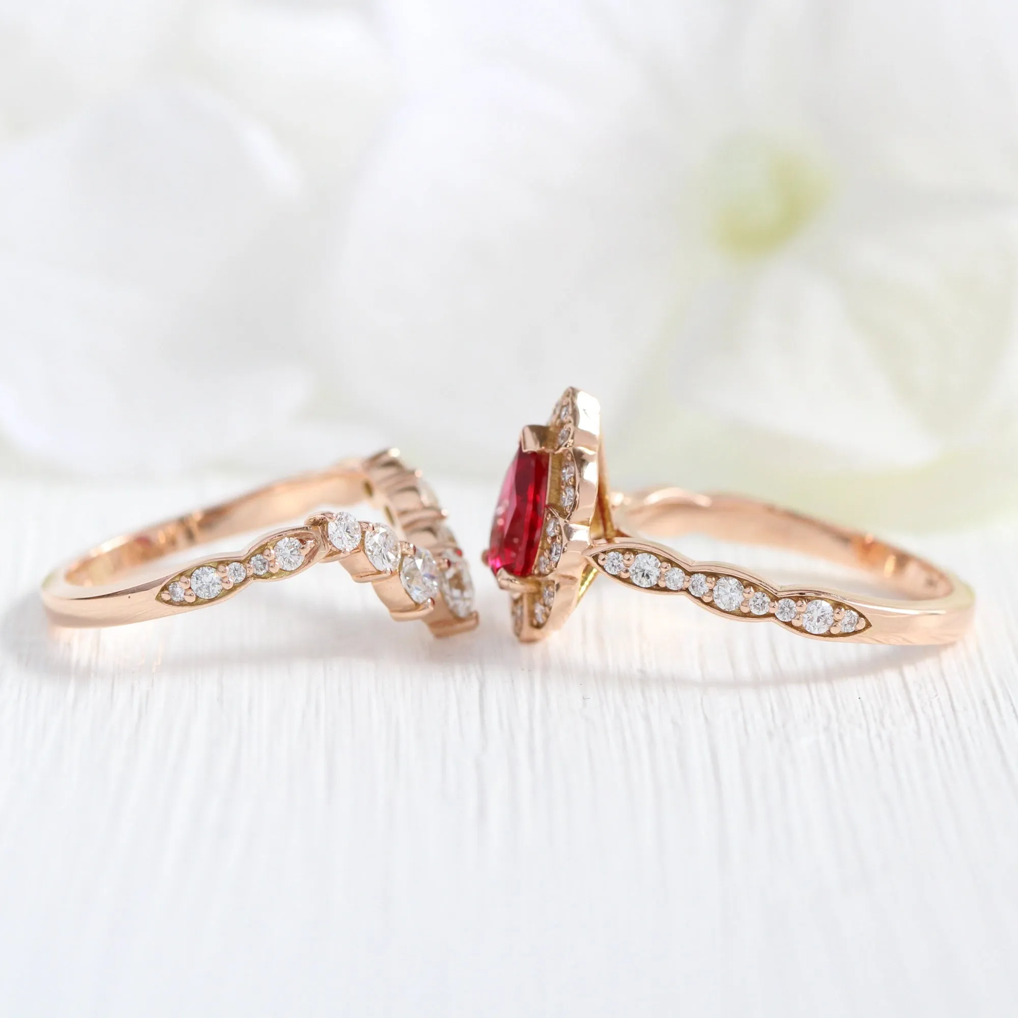Vintage Floral Pear Ruby Ring Set w/ Large 7 Diamond U Shaped Scalloped Band