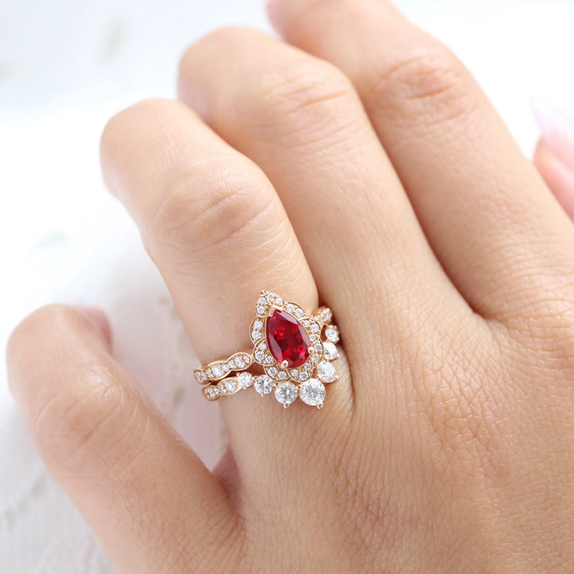 Vintage Floral Pear Ruby Ring Set w/ Large 7 Diamond U Shaped Scalloped Band
