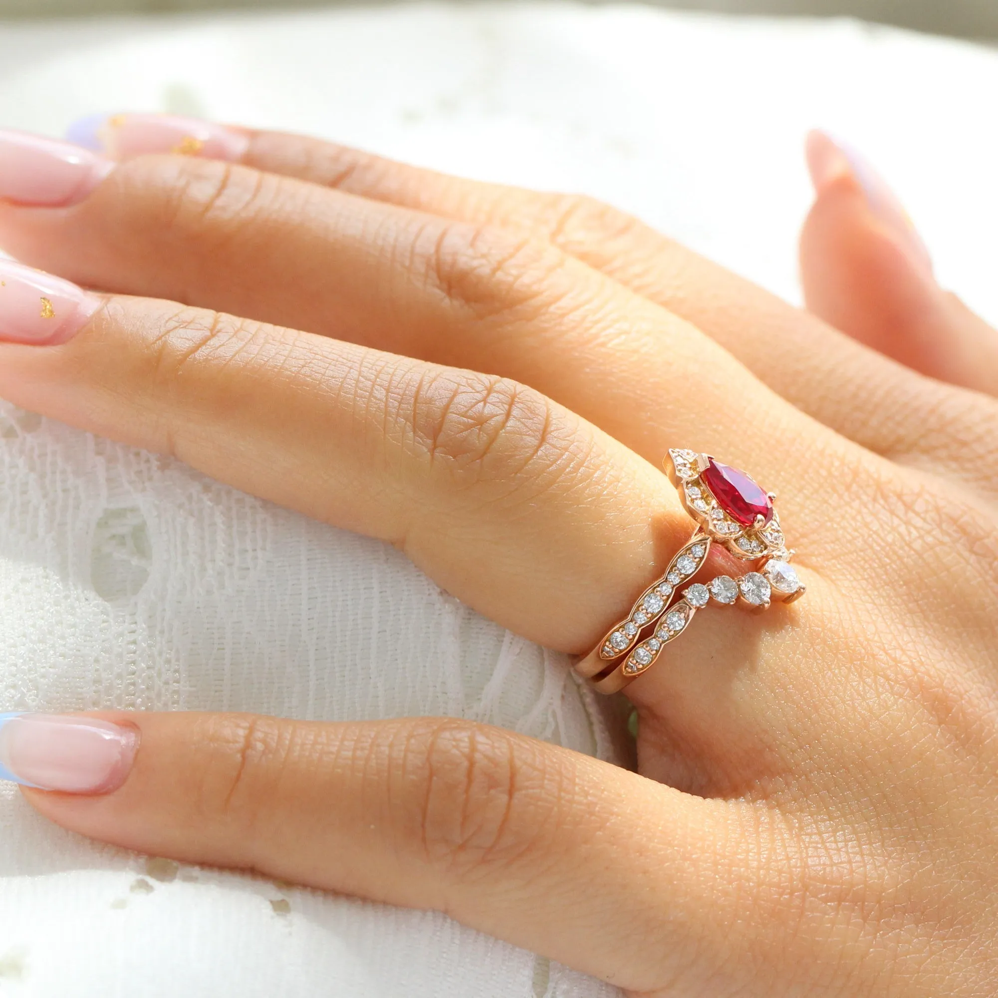 Vintage Floral Pear Ruby Ring Set w/ Large 7 Diamond U Shaped Scalloped Band
