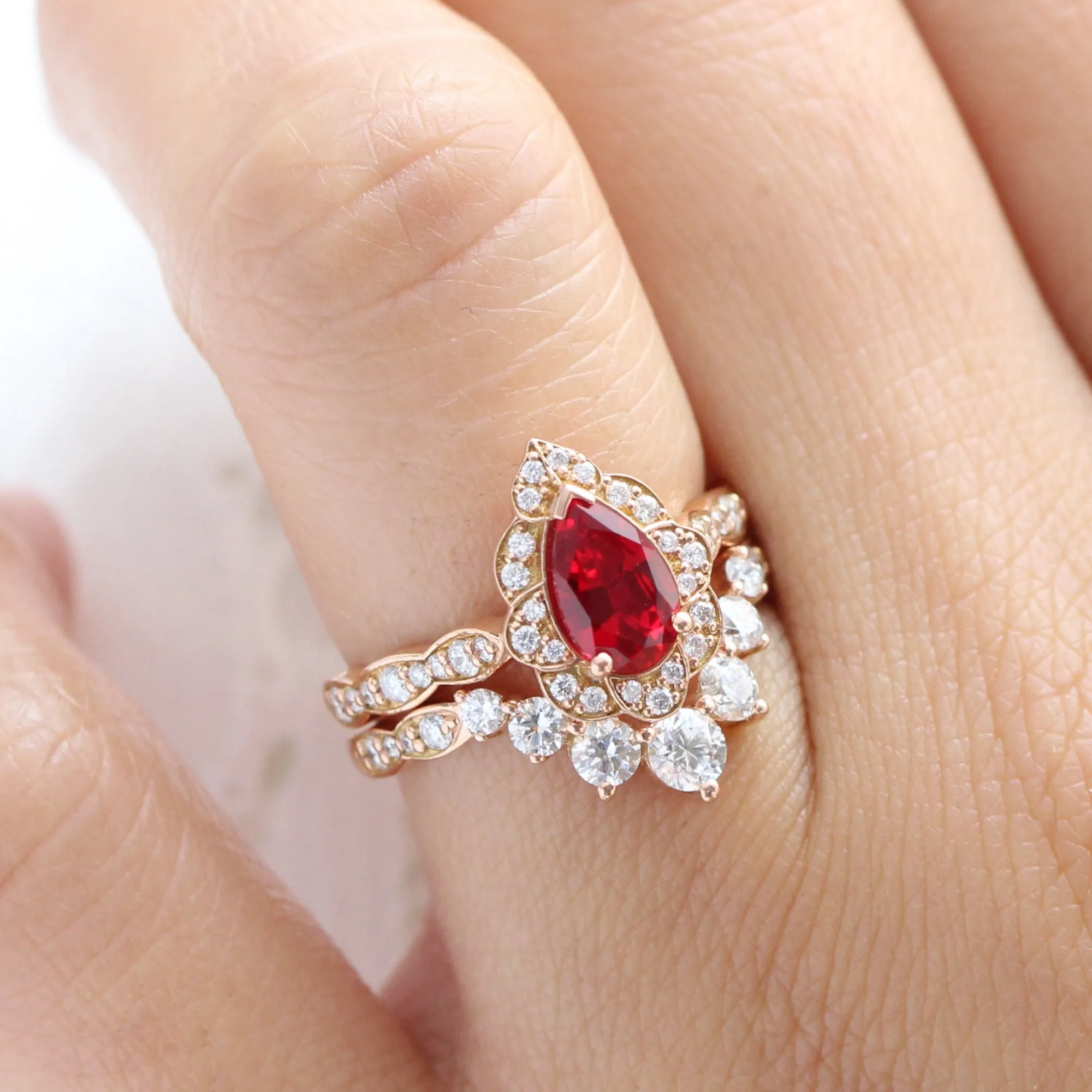 Vintage Floral Pear Ruby Ring Set w/ Large 7 Diamond U Shaped Scalloped Band