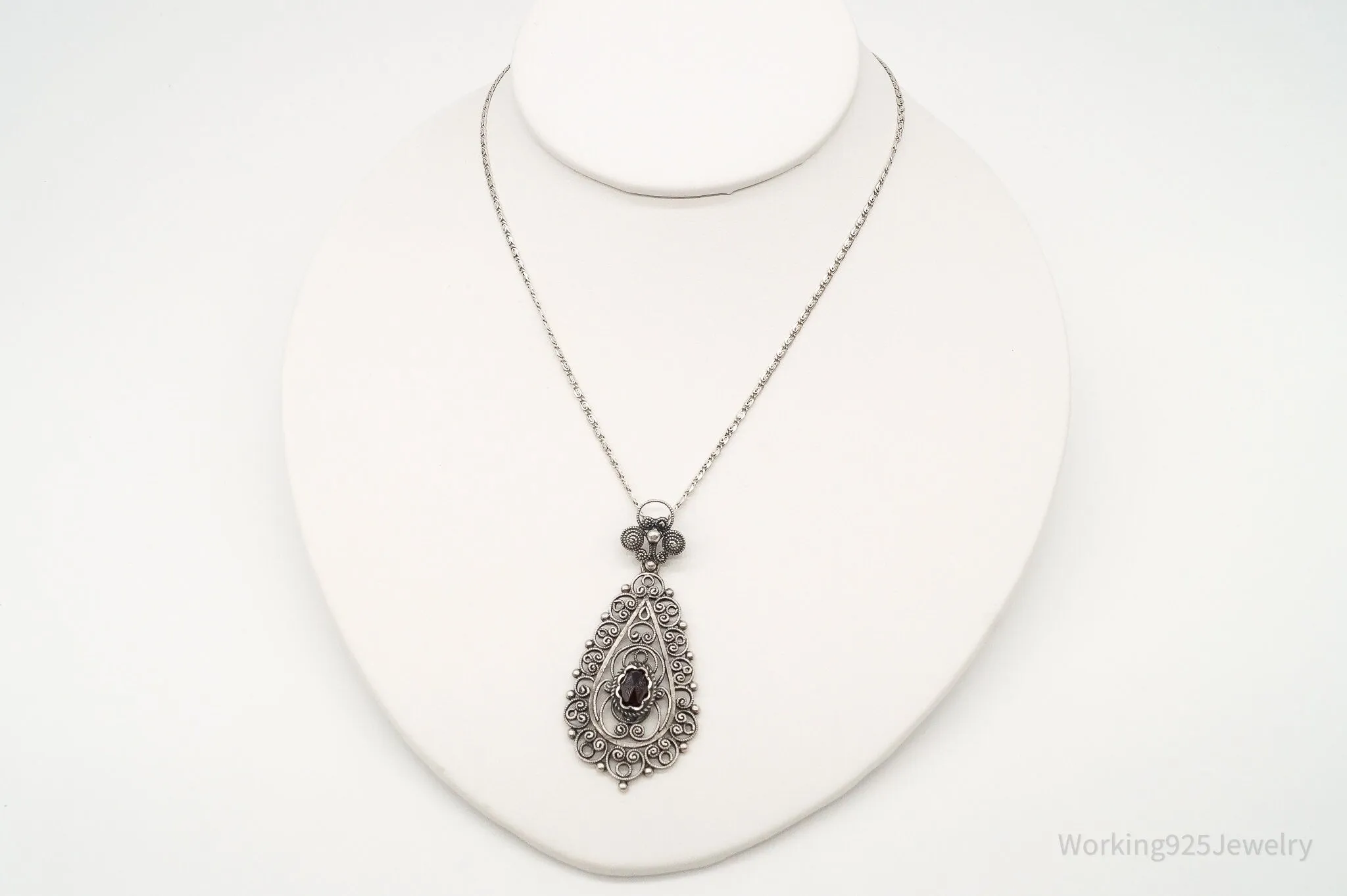 Vintage Garnet Filigree 835 Silver Necklace