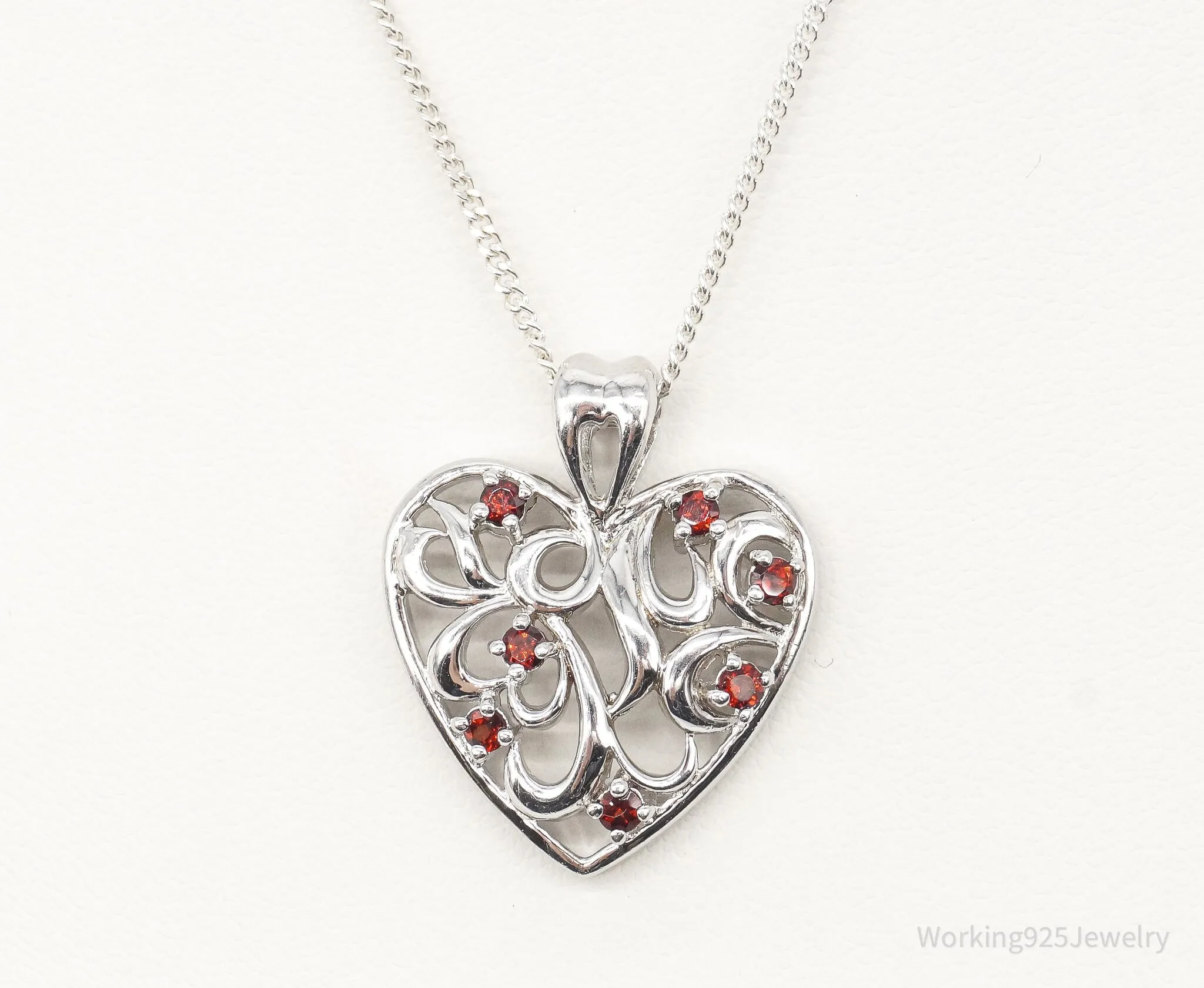 Vintage Garnet Heart Sterling Silver Necklace