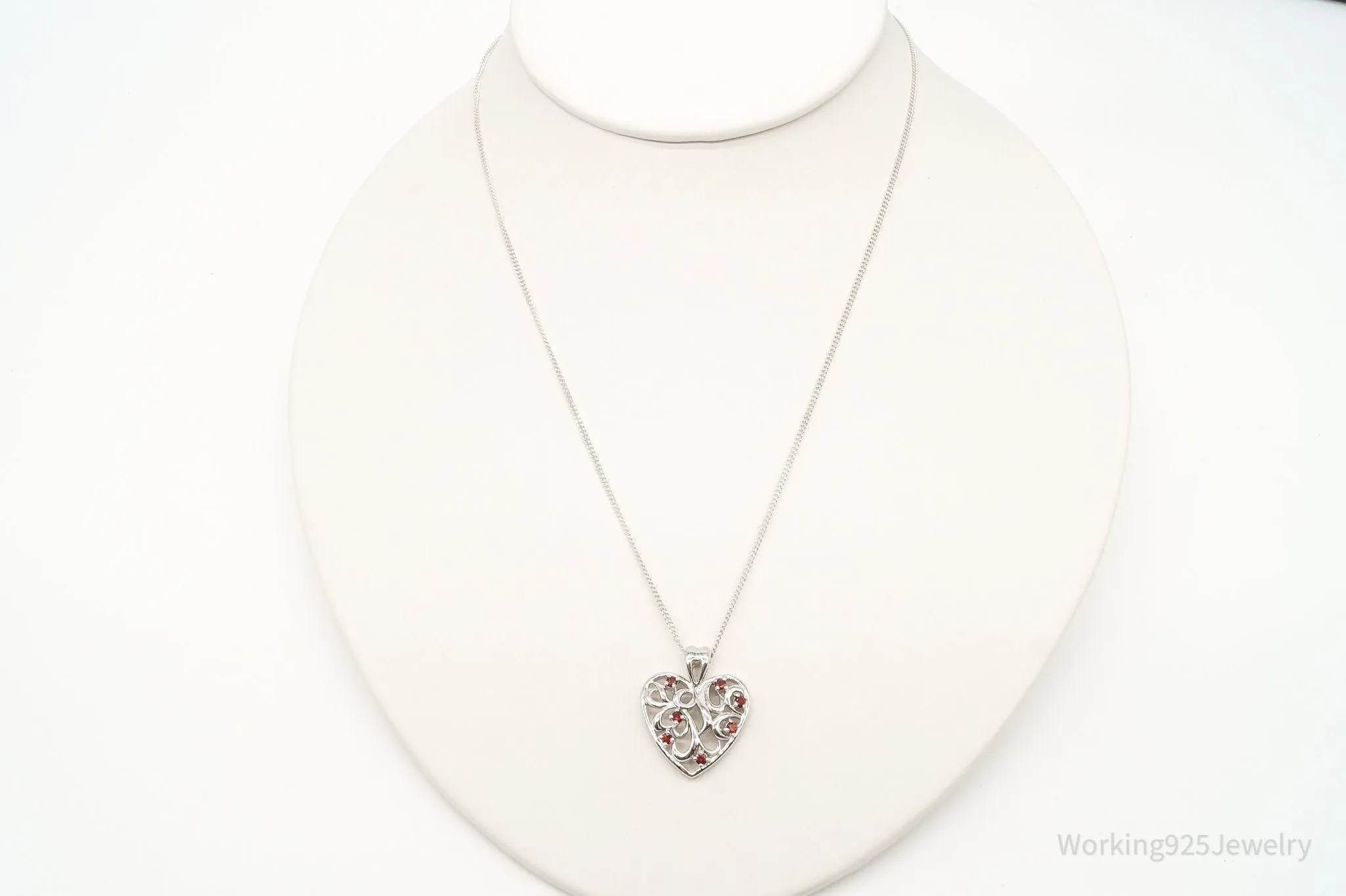 Vintage Garnet Heart Sterling Silver Necklace