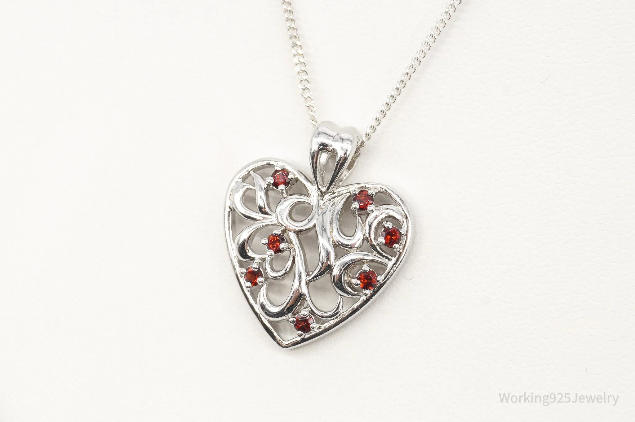 Vintage Garnet Heart Sterling Silver Necklace