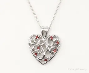 Vintage Garnet Heart Sterling Silver Necklace