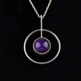Vintage Modernist Silver Amethyst Cabochon Target Pendant Necklace
