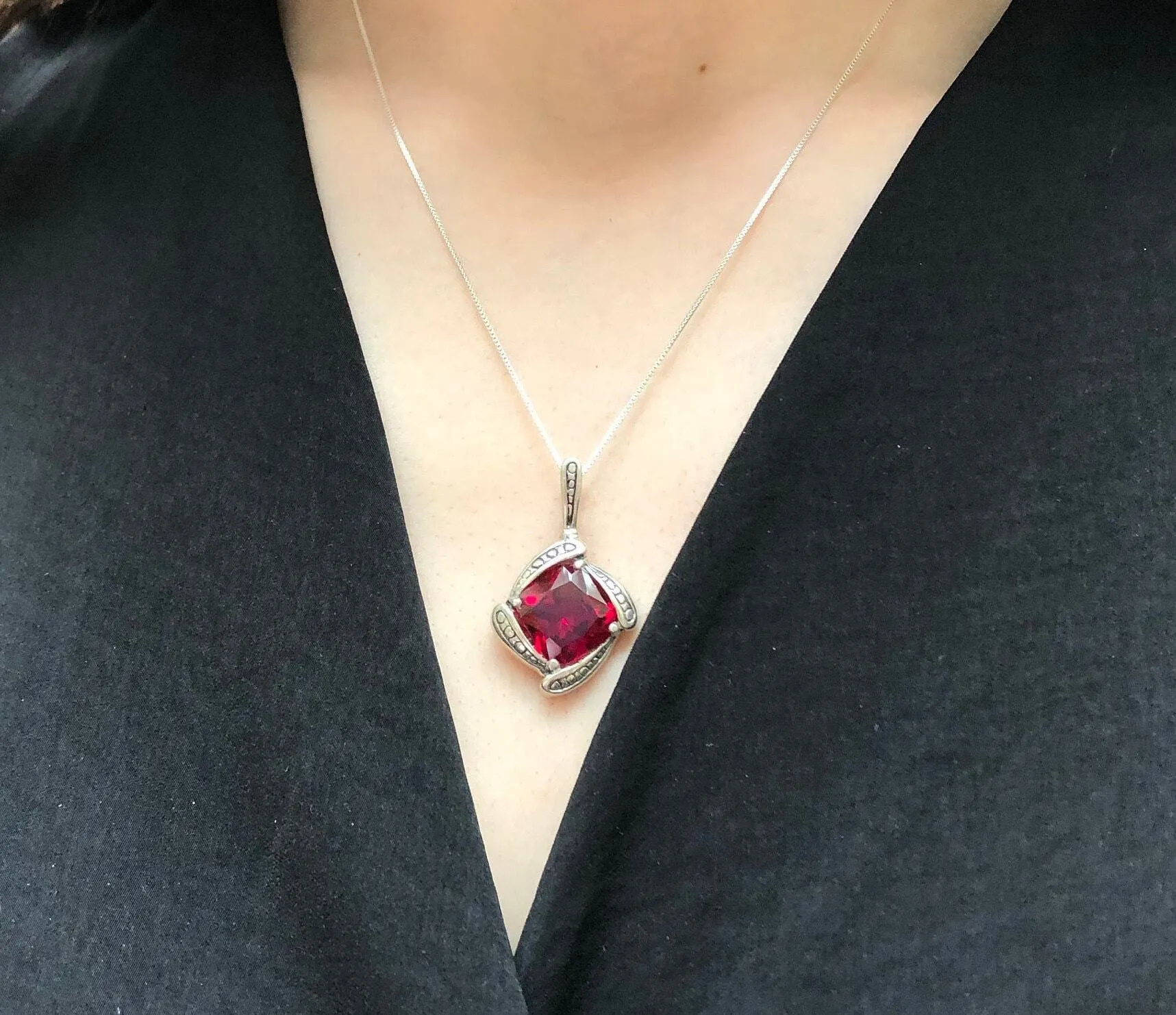 Vintage Ruby Pendant - Square Ruby Necklace - Red Statement Necklace