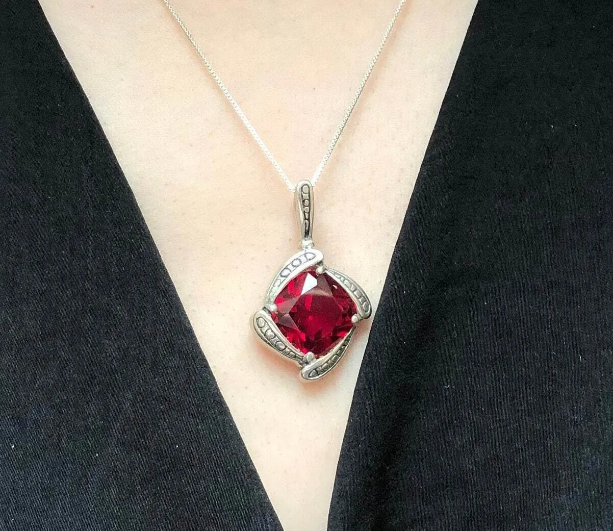 Vintage Ruby Pendant - Square Ruby Necklace - Red Statement Necklace